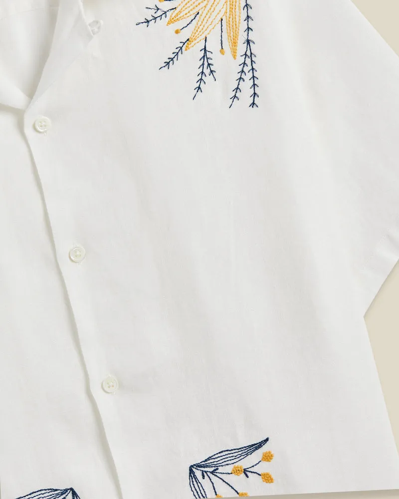 Portuguese Flannel Embroidery Bird & Flowers Linen Shirt - White