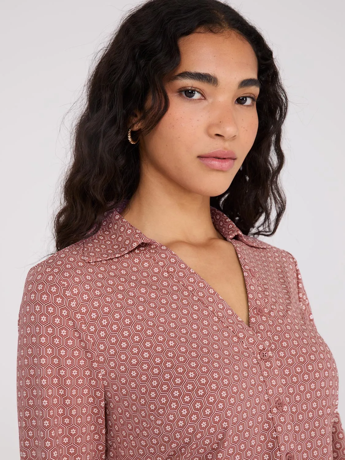 Printed Split Neck Button-Down Blouse