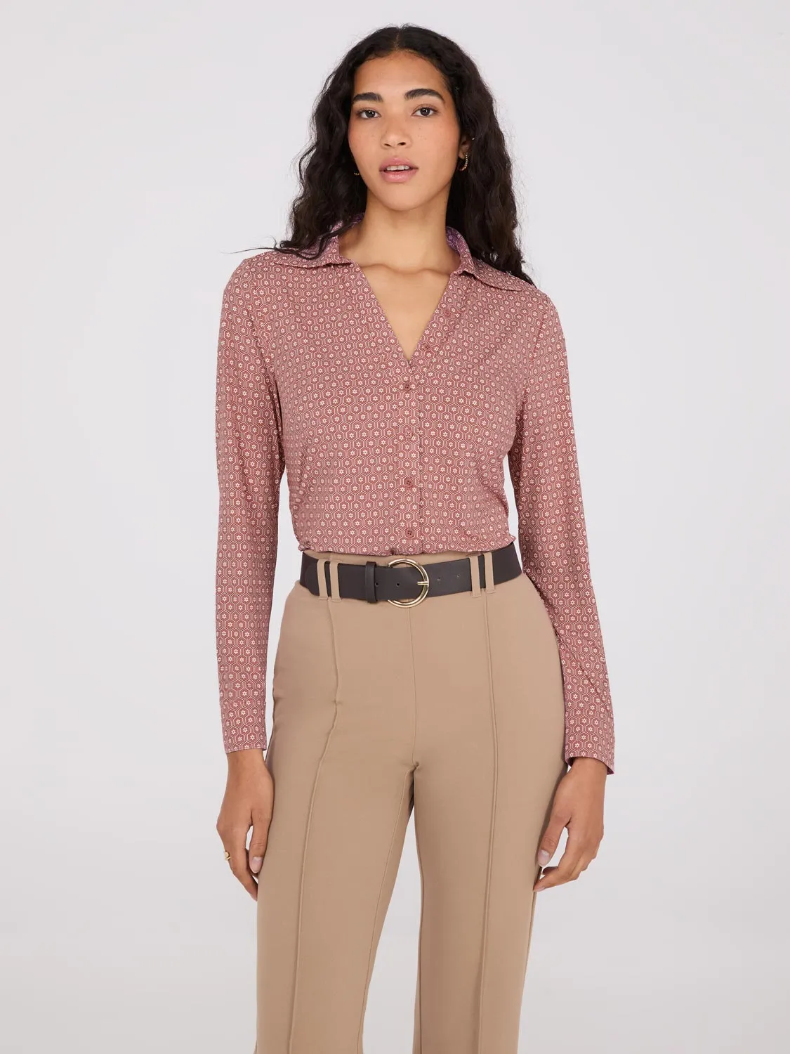 Printed Split Neck Button-Down Blouse