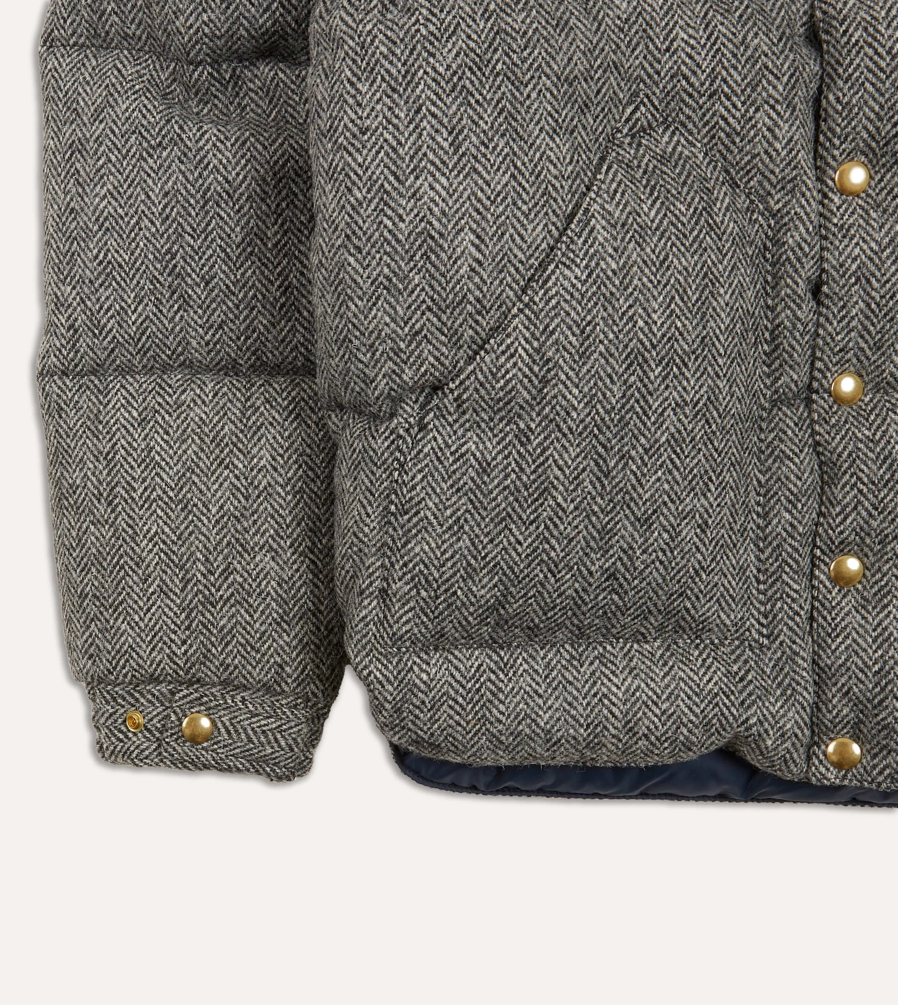 Rocky Mountain Featherbed for Drake's Herringbone Harris Tweed Leather Christy Down Jacket