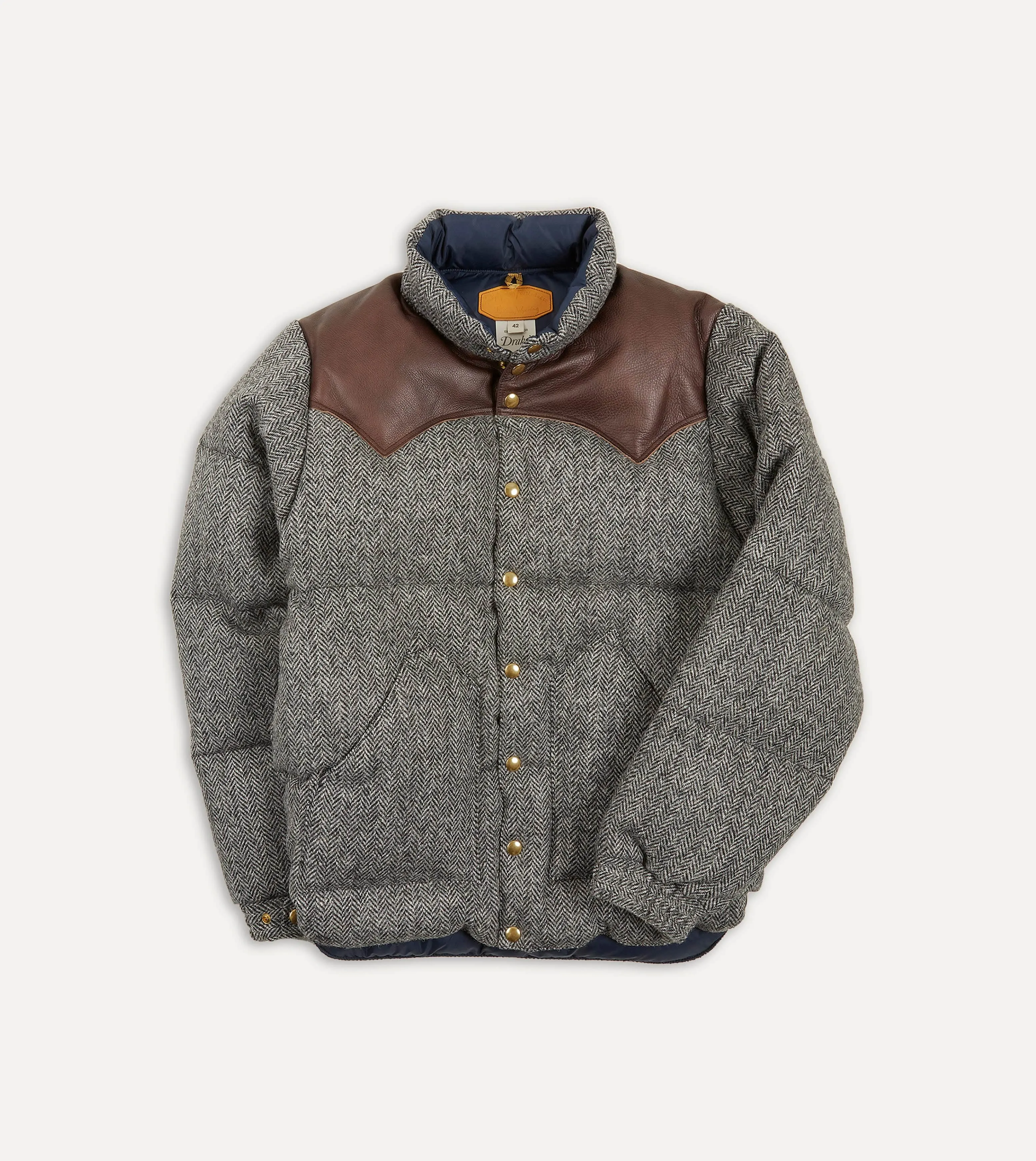 Rocky Mountain Featherbed for Drake's Herringbone Harris Tweed Leather Christy Down Jacket