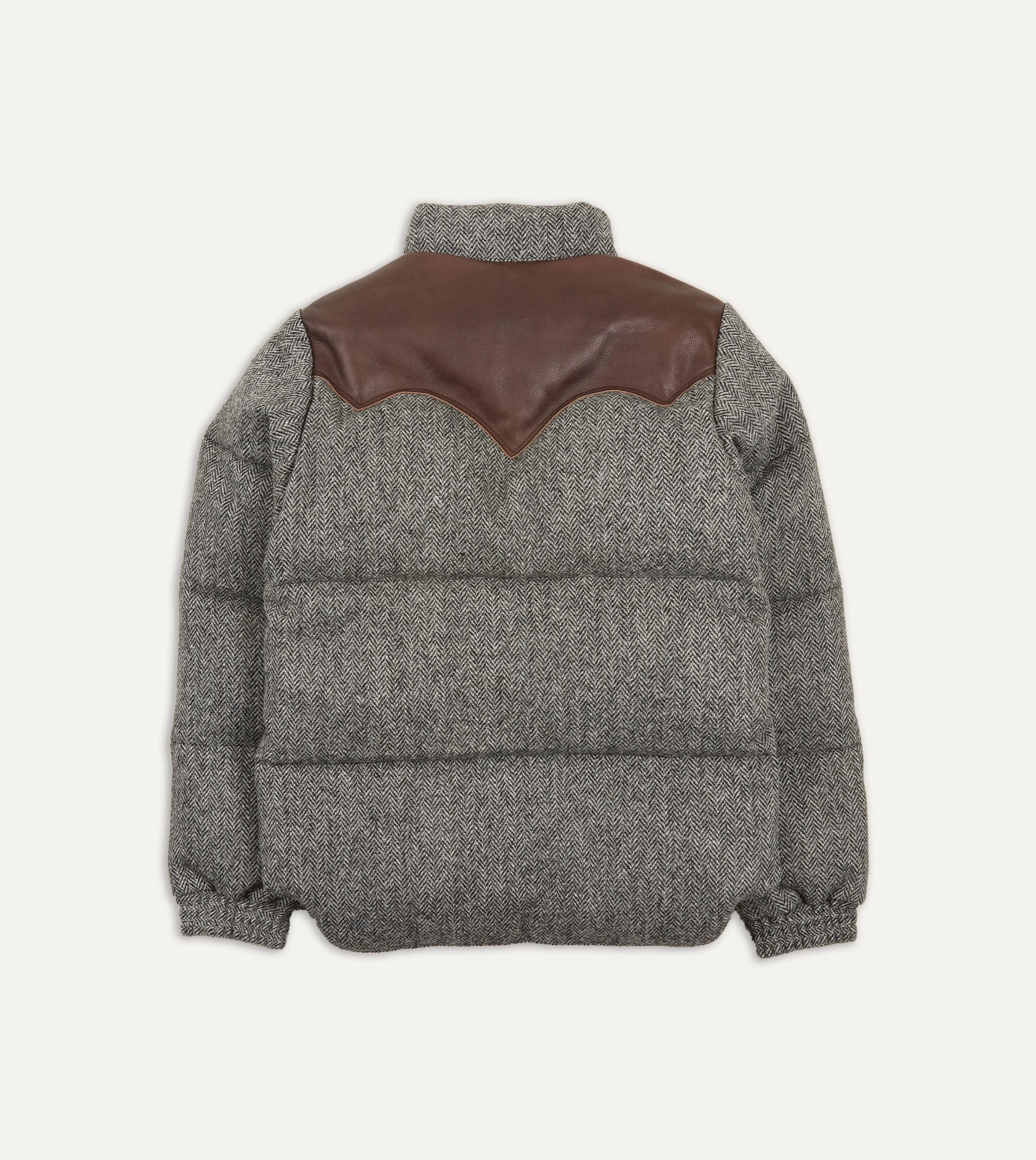 Rocky Mountain Featherbed for Drake's Herringbone Harris Tweed Leather Christy Down Jacket
