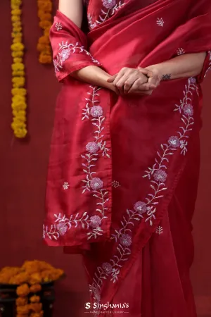 Rum Red Tissue Organza Saree With Hand Embroidery