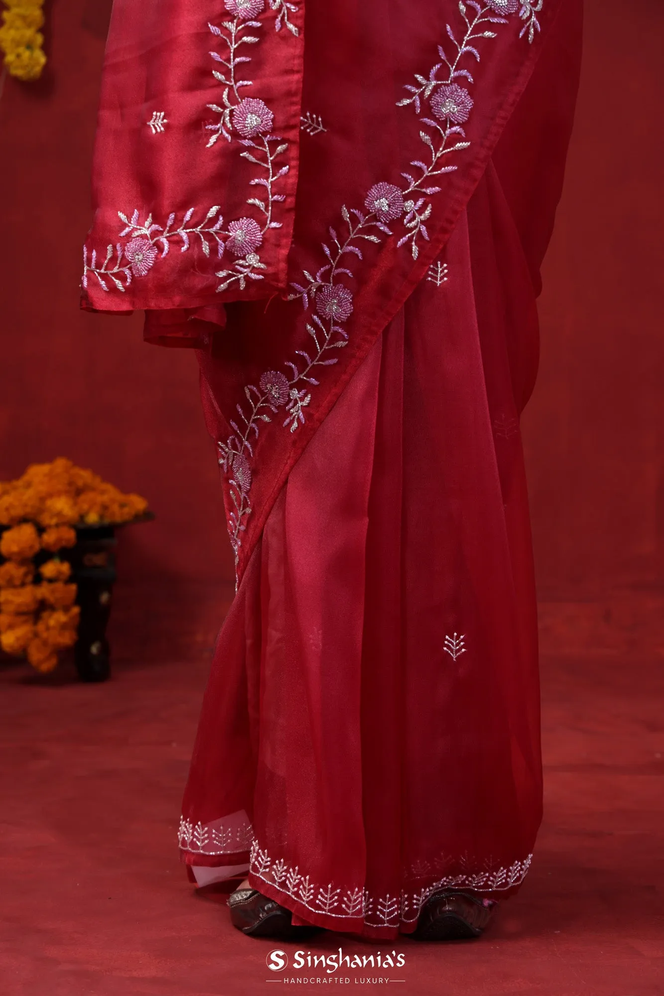 Rum Red Tissue Organza Saree With Hand Embroidery