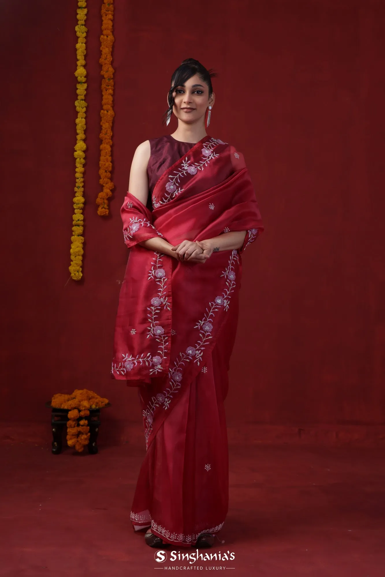 Rum Red Tissue Organza Saree With Hand Embroidery
