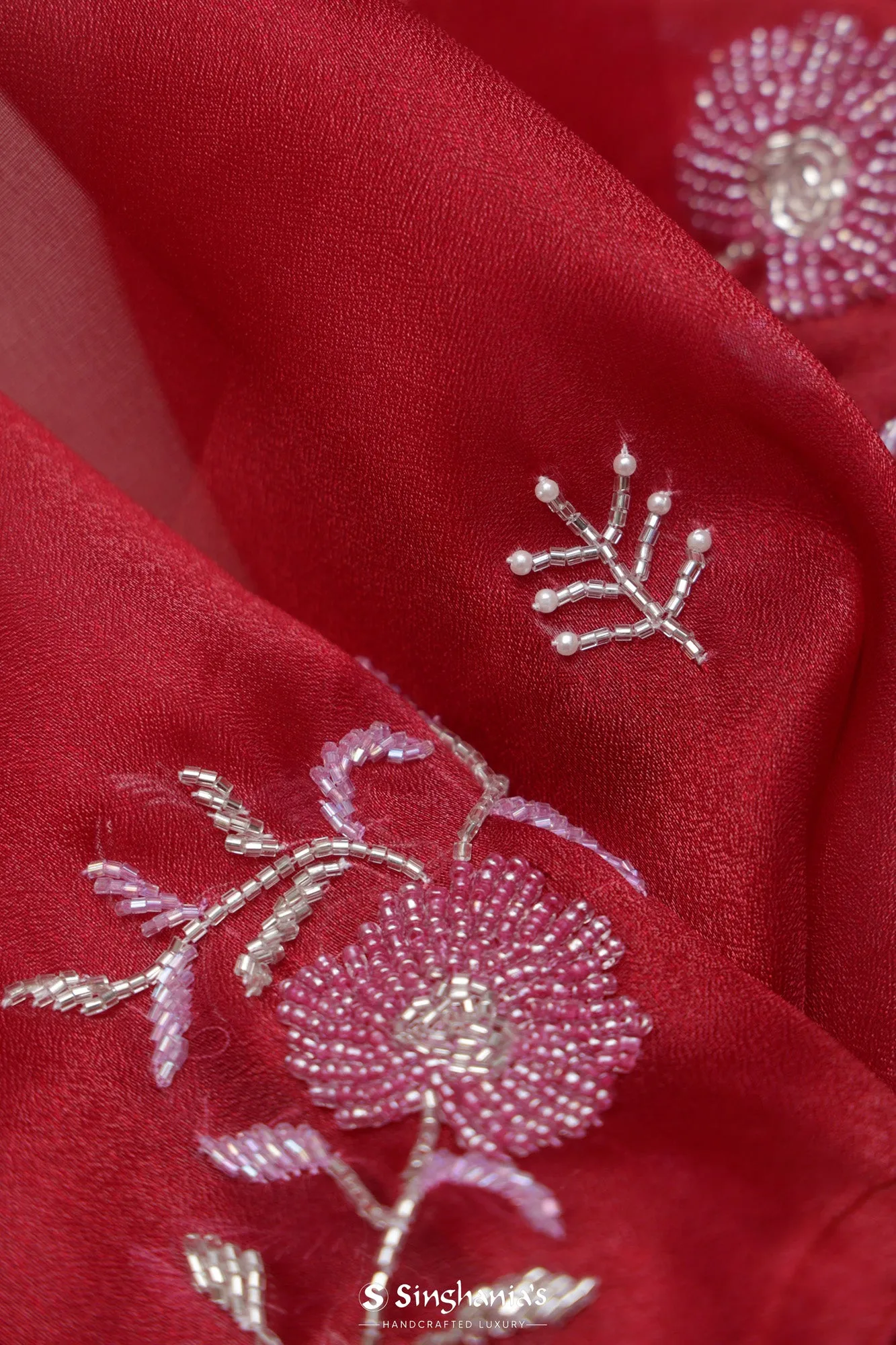 Rum Red Tissue Organza Saree With Hand Embroidery