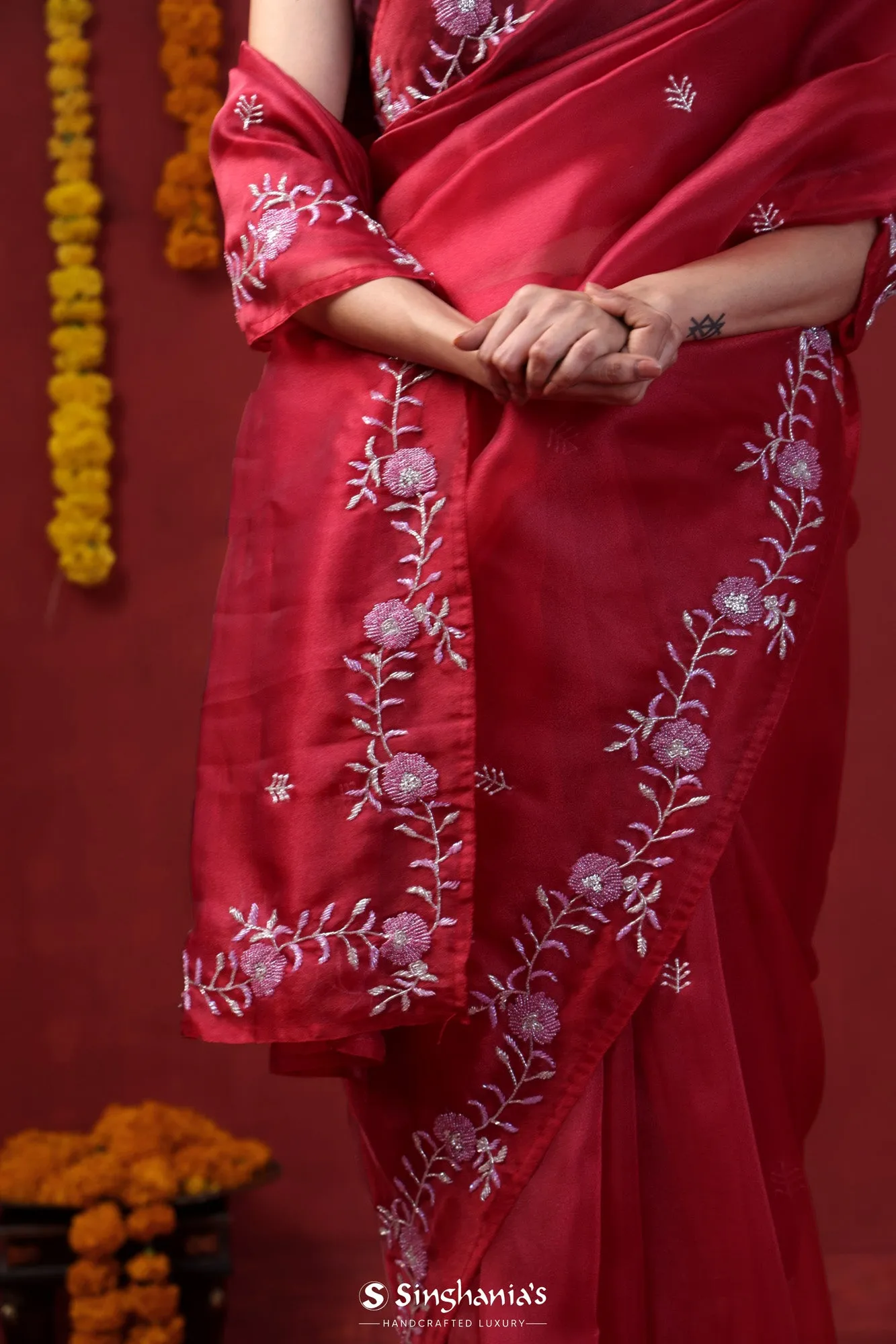 Rum Red Tissue Organza Saree With Hand Embroidery