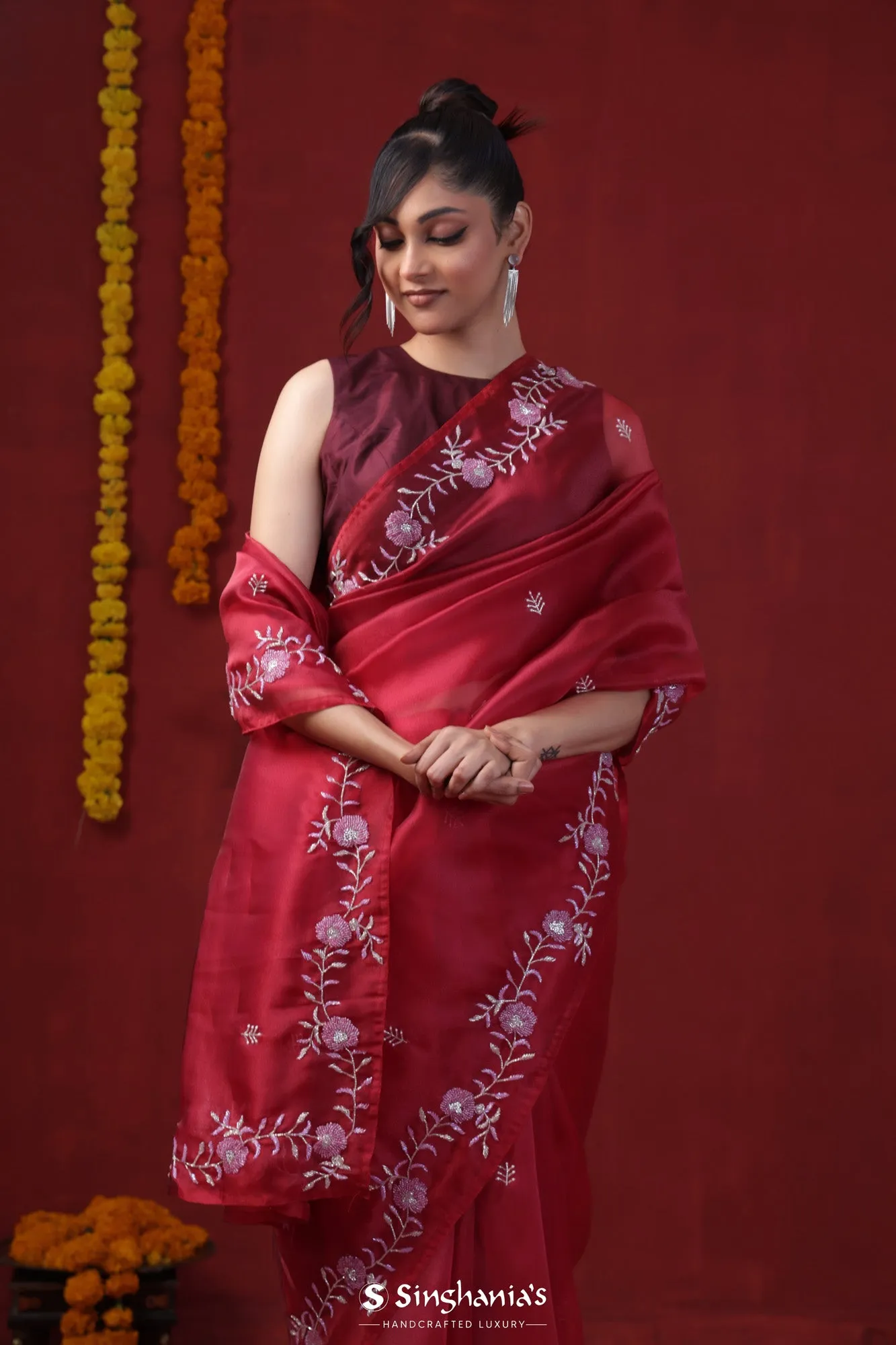 Rum Red Tissue Organza Saree With Hand Embroidery