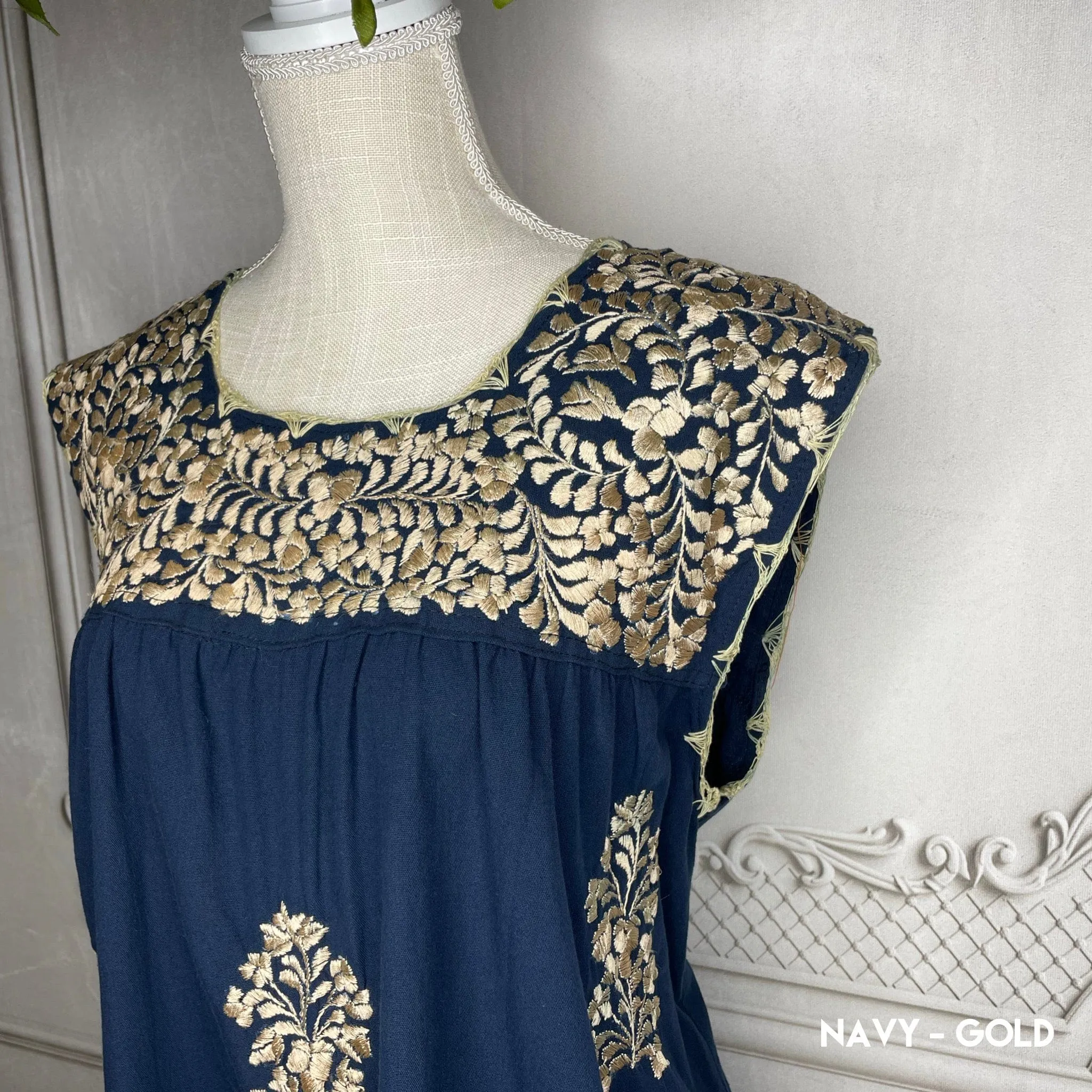 San Antonino Mexican Sleeveless Dress in Manta - Gold