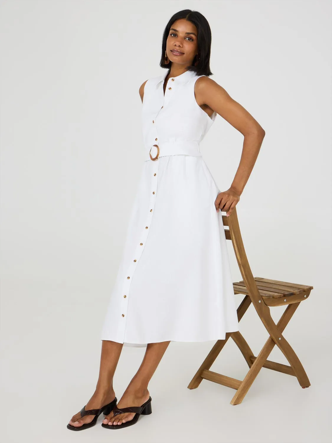 Sleeveless Linen Midi Shirt Dress
