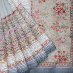 Soft Pastel Blue Organza Saree with Floral Embroidery