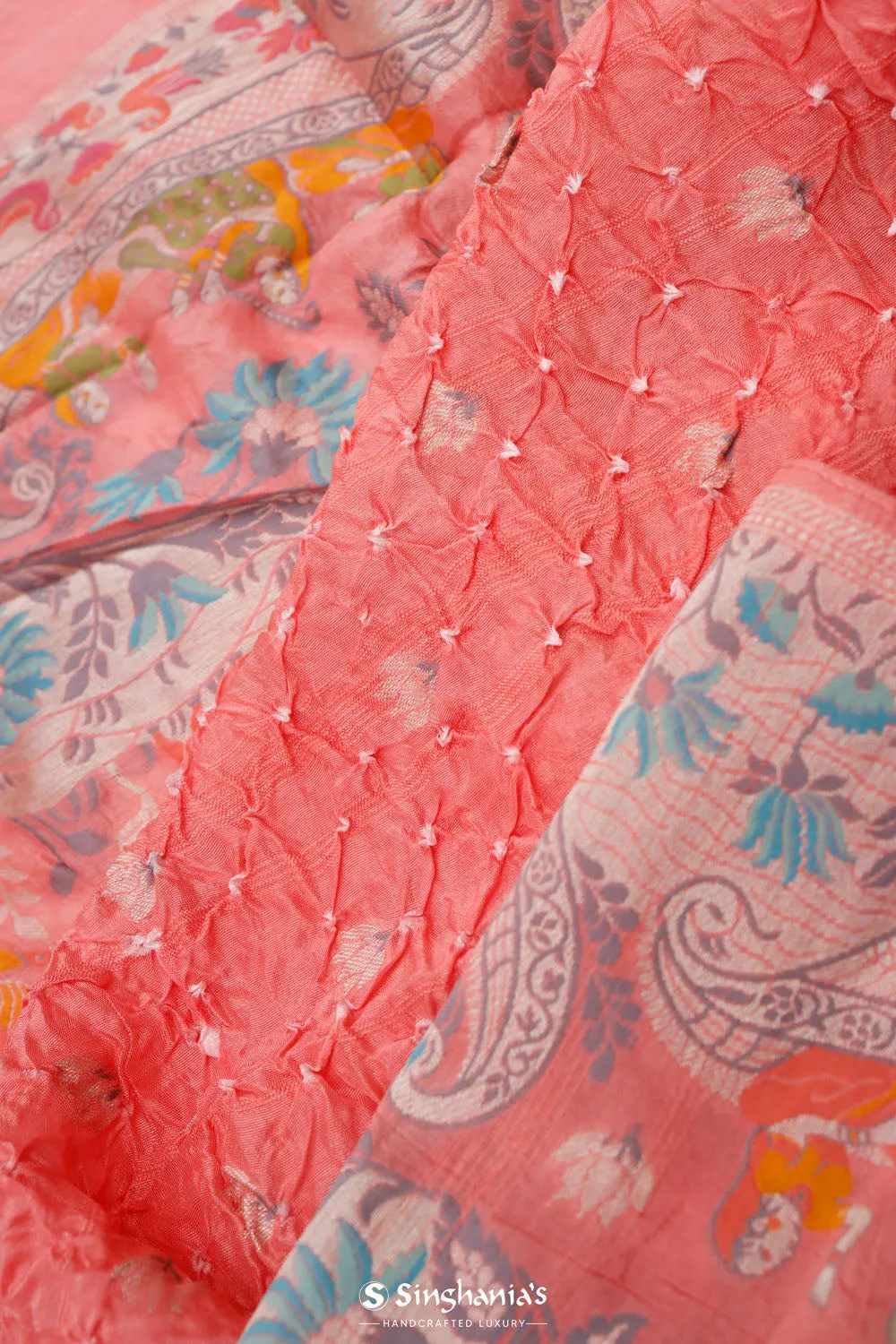 Soft Peach Butti Bandhani Silk Saree