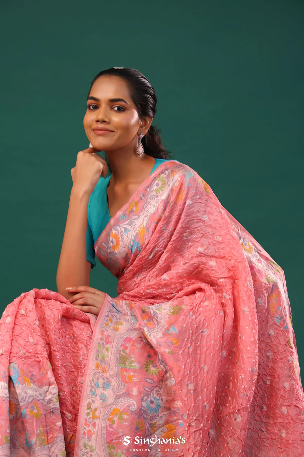 Soft Peach Butti Bandhani Silk Saree