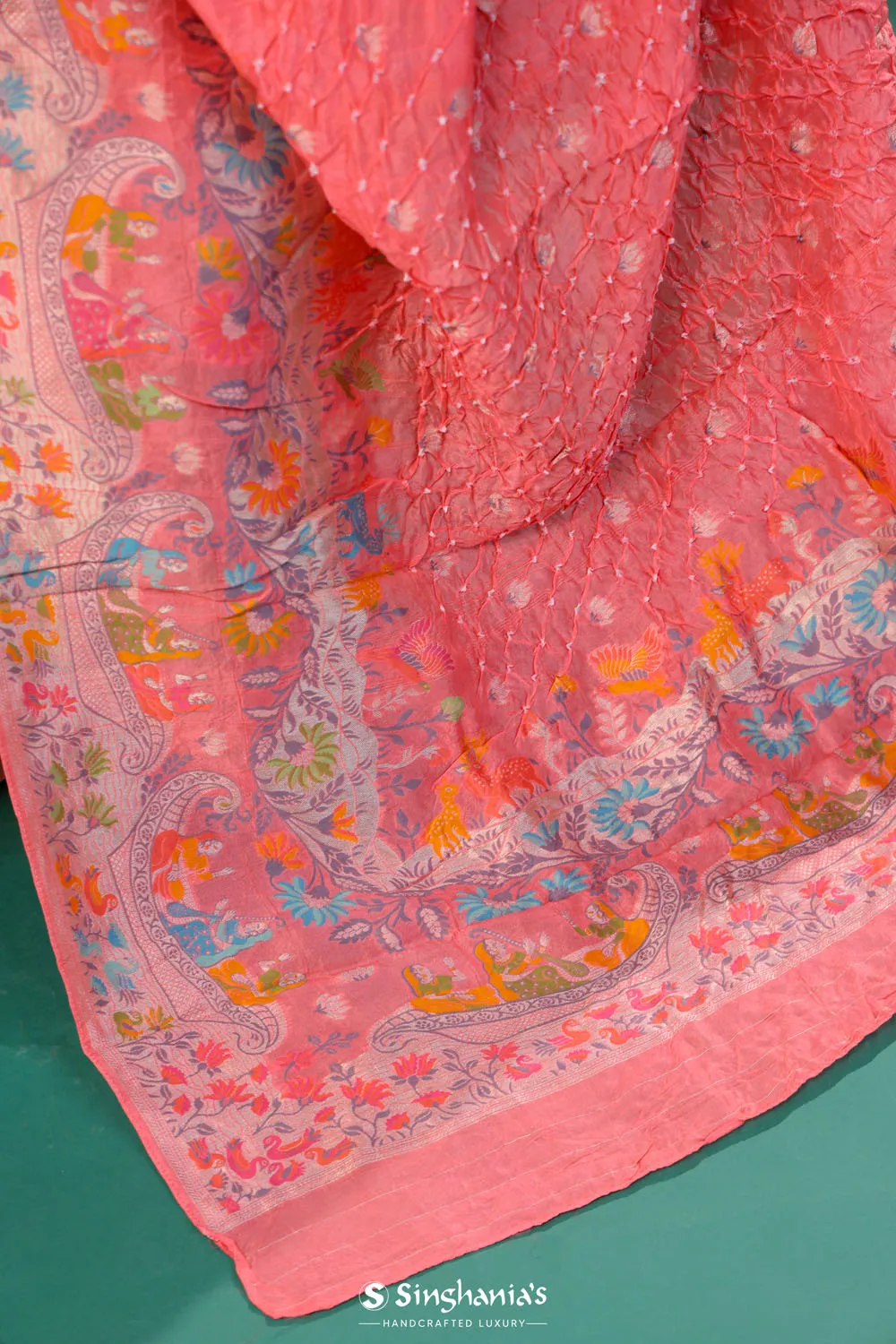 Soft Peach Butti Bandhani Silk Saree