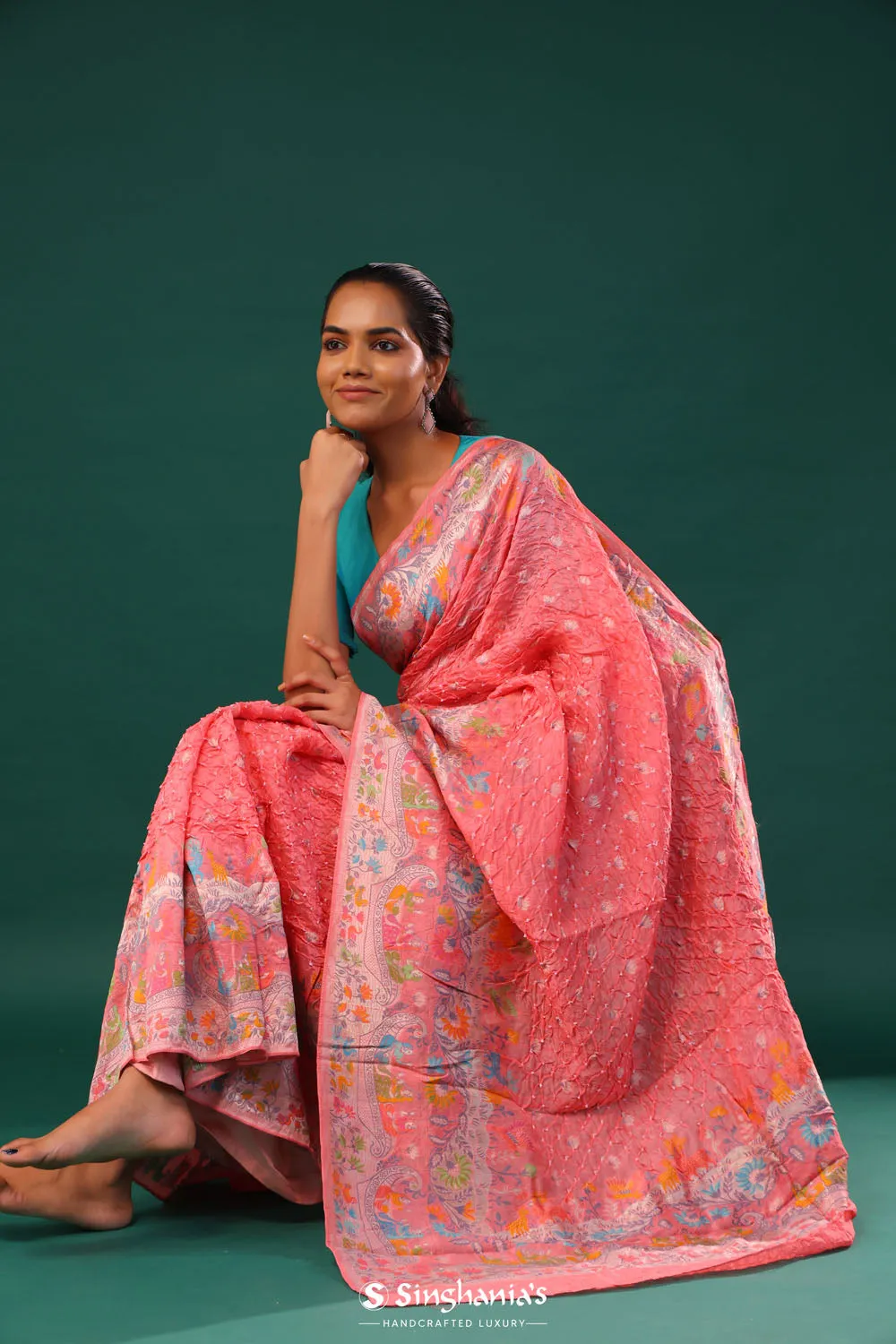 Soft Peach Butti Bandhani Silk Saree