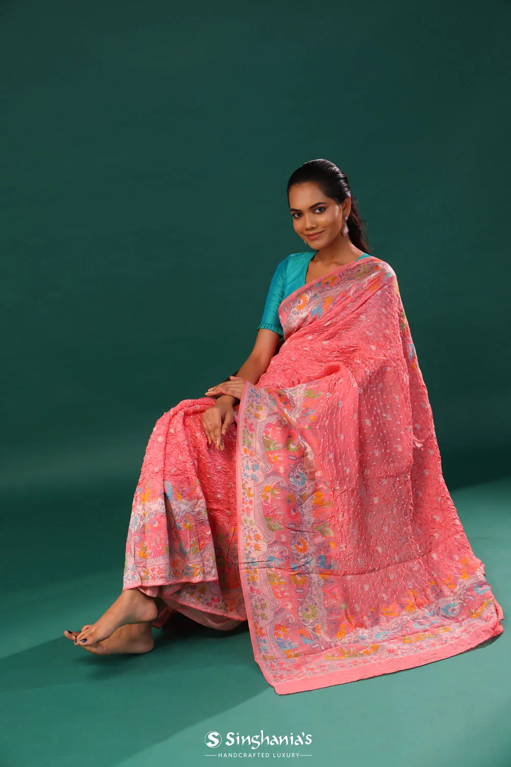 Soft Peach Butti Bandhani Silk Saree