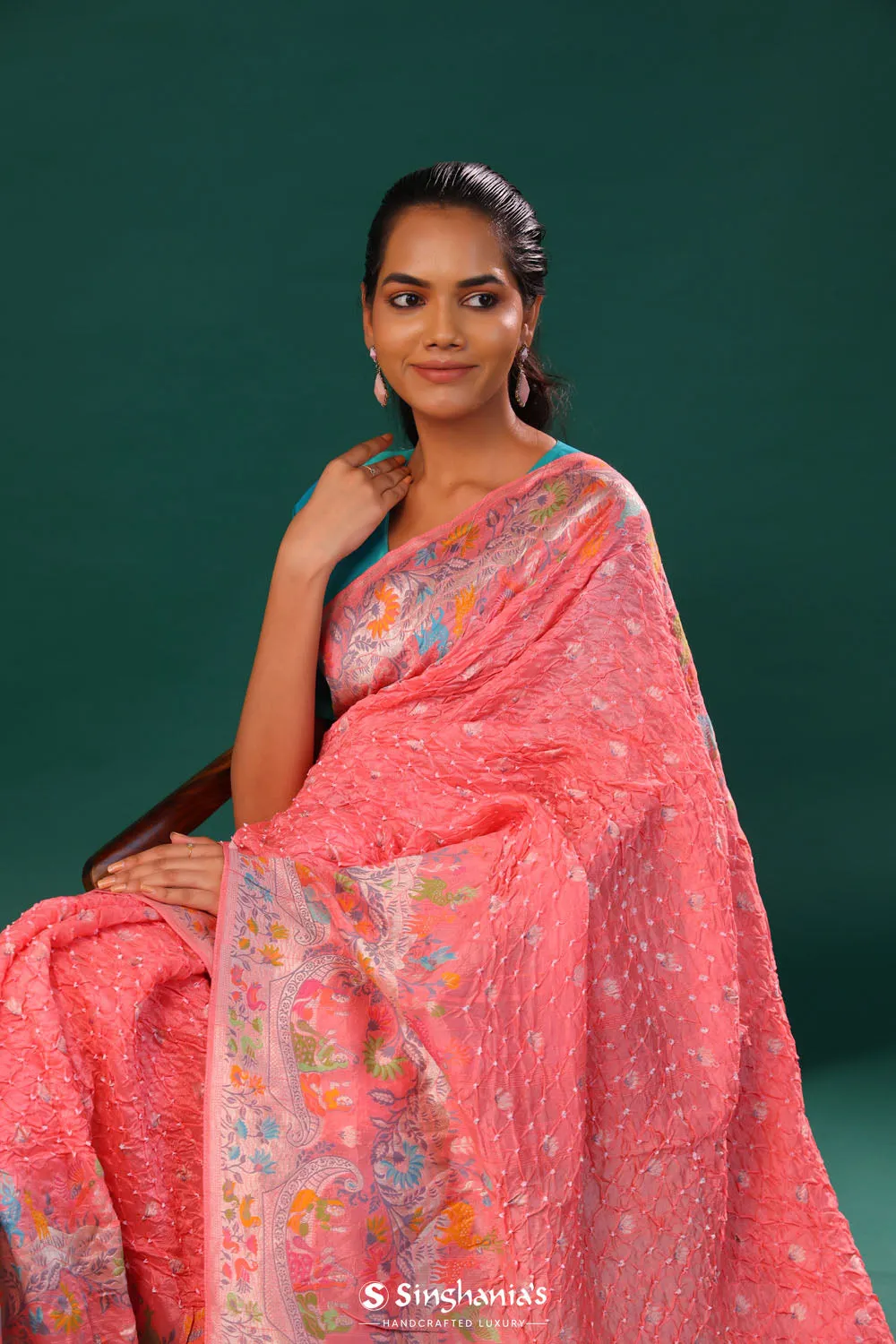 Soft Peach Butti Bandhani Silk Saree