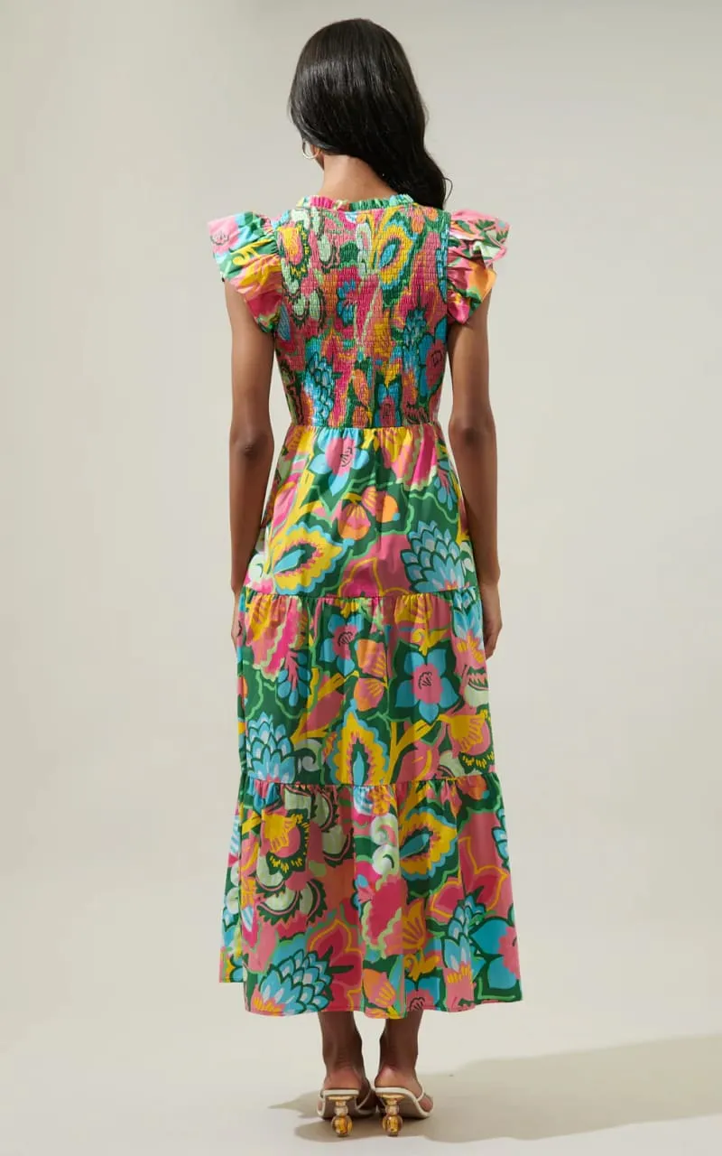 Sugarlips- Lanai Multi Tropics Sunfire Smocked Bodice Tiered Midi Dress