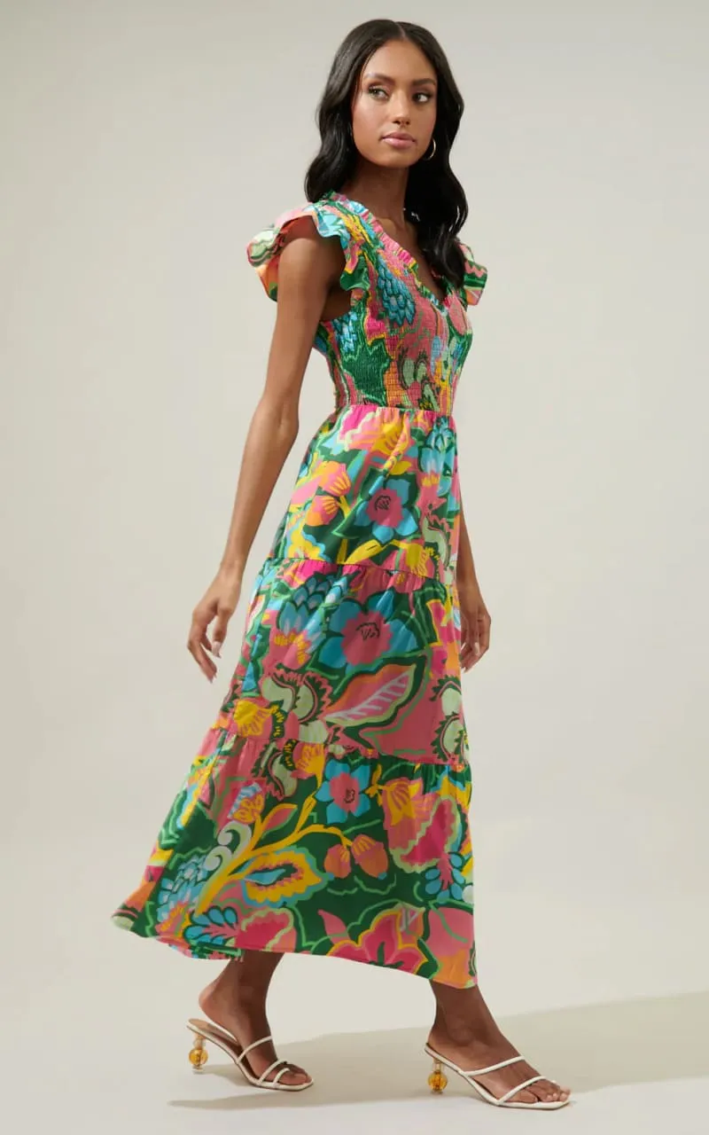 Sugarlips- Lanai Multi Tropics Sunfire Smocked Bodice Tiered Midi Dress