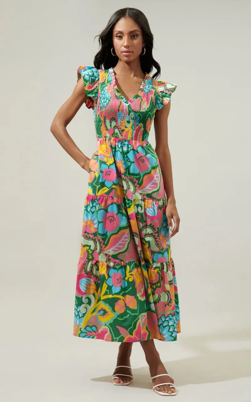 Sugarlips- Lanai Multi Tropics Sunfire Smocked Bodice Tiered Midi Dress