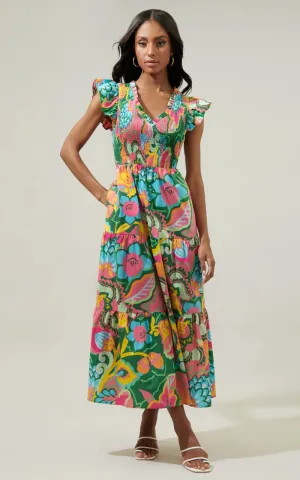 Sugarlips- Lanai Multi Tropics Sunfire Smocked Bodice Tiered Midi Dress