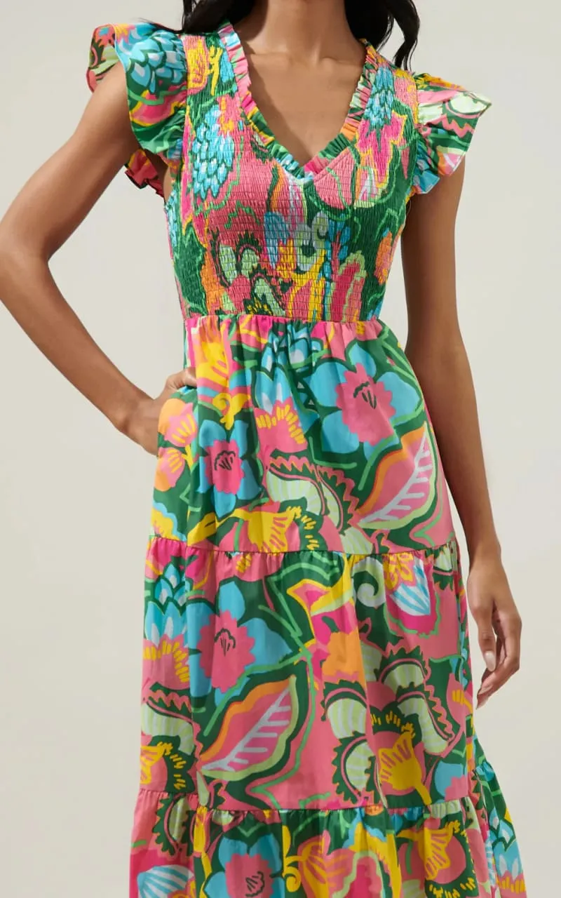 Sugarlips- Lanai Multi Tropics Sunfire Smocked Bodice Tiered Midi Dress