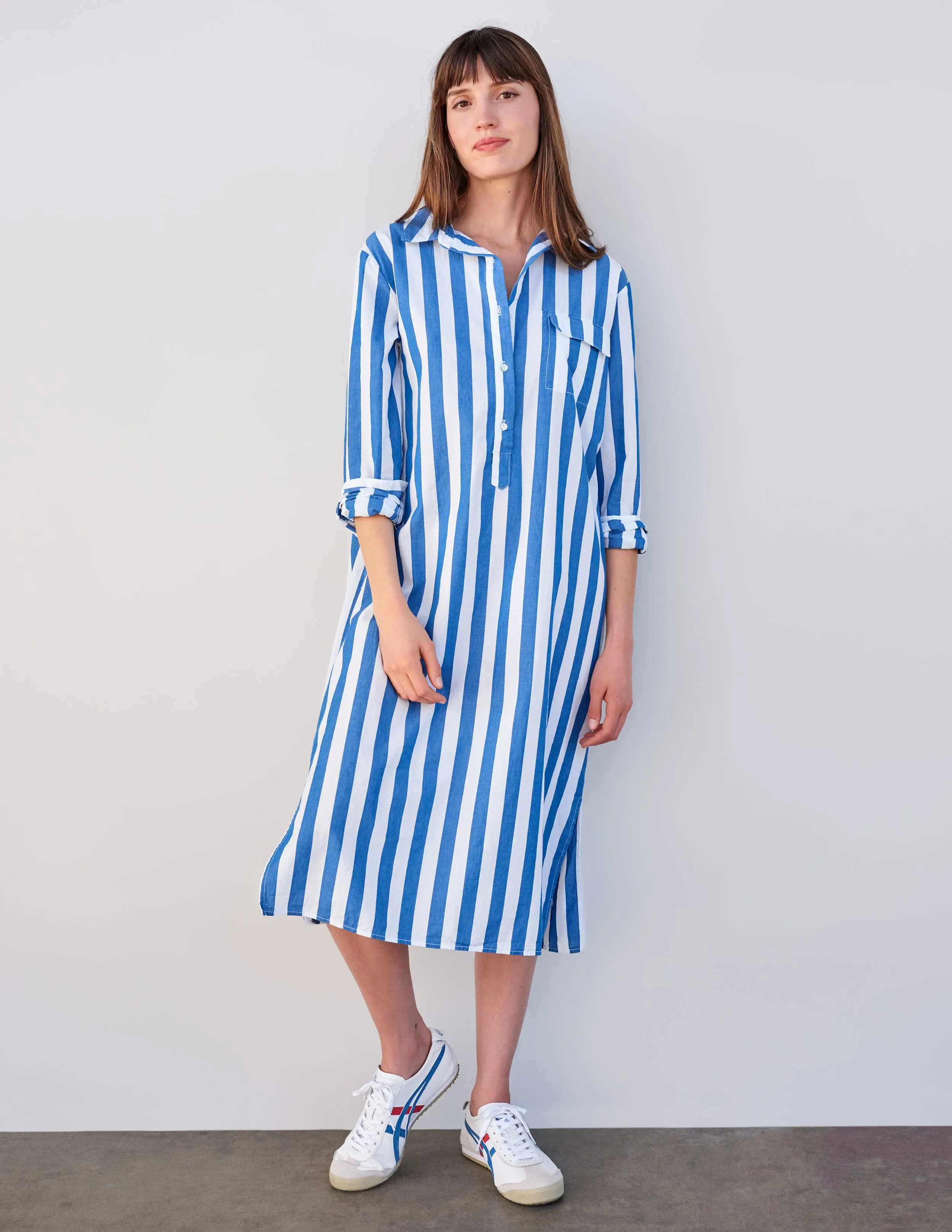Sundry Candy Striped Long Sleeve Shirt Dress in Azure
