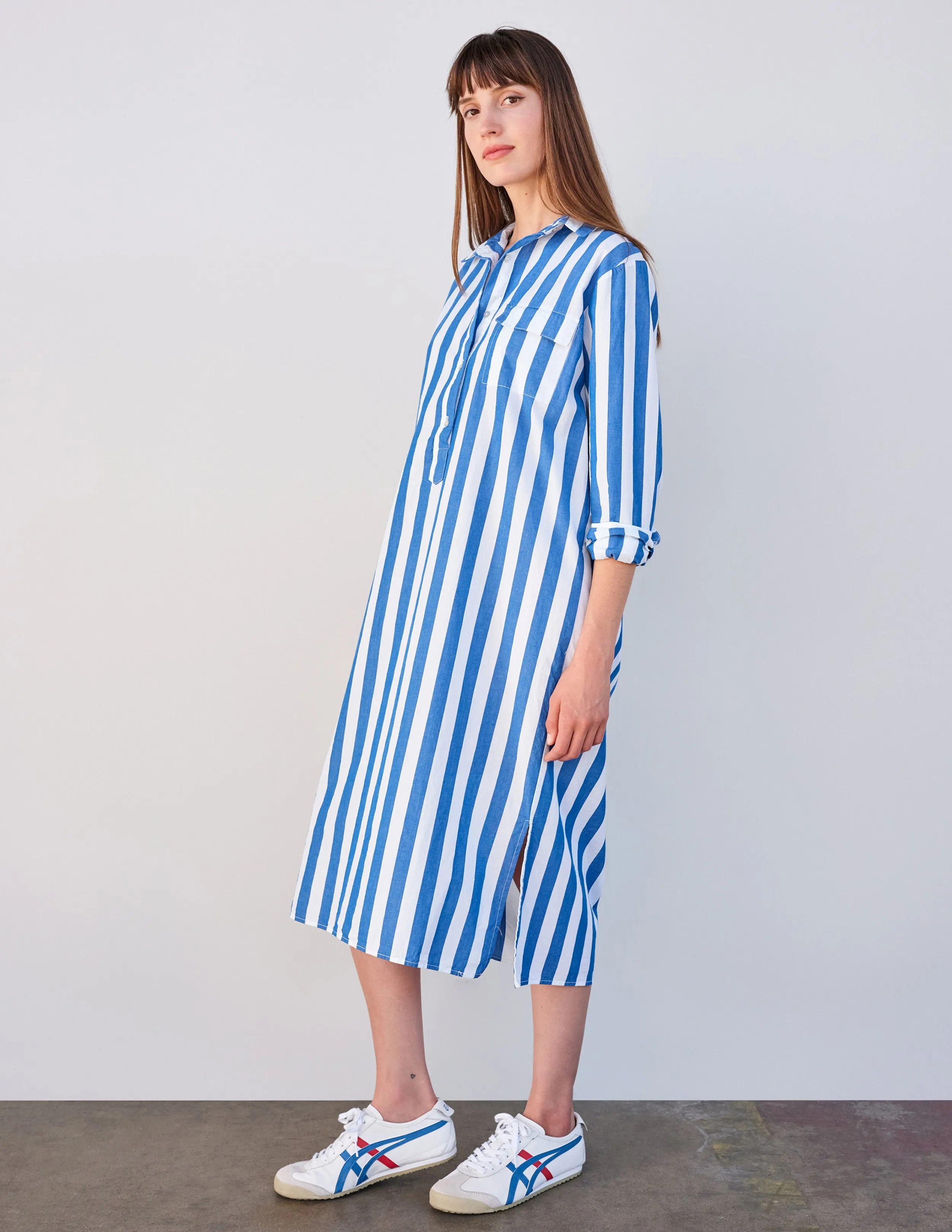 Sundry Candy Striped Long Sleeve Shirt Dress in Azure