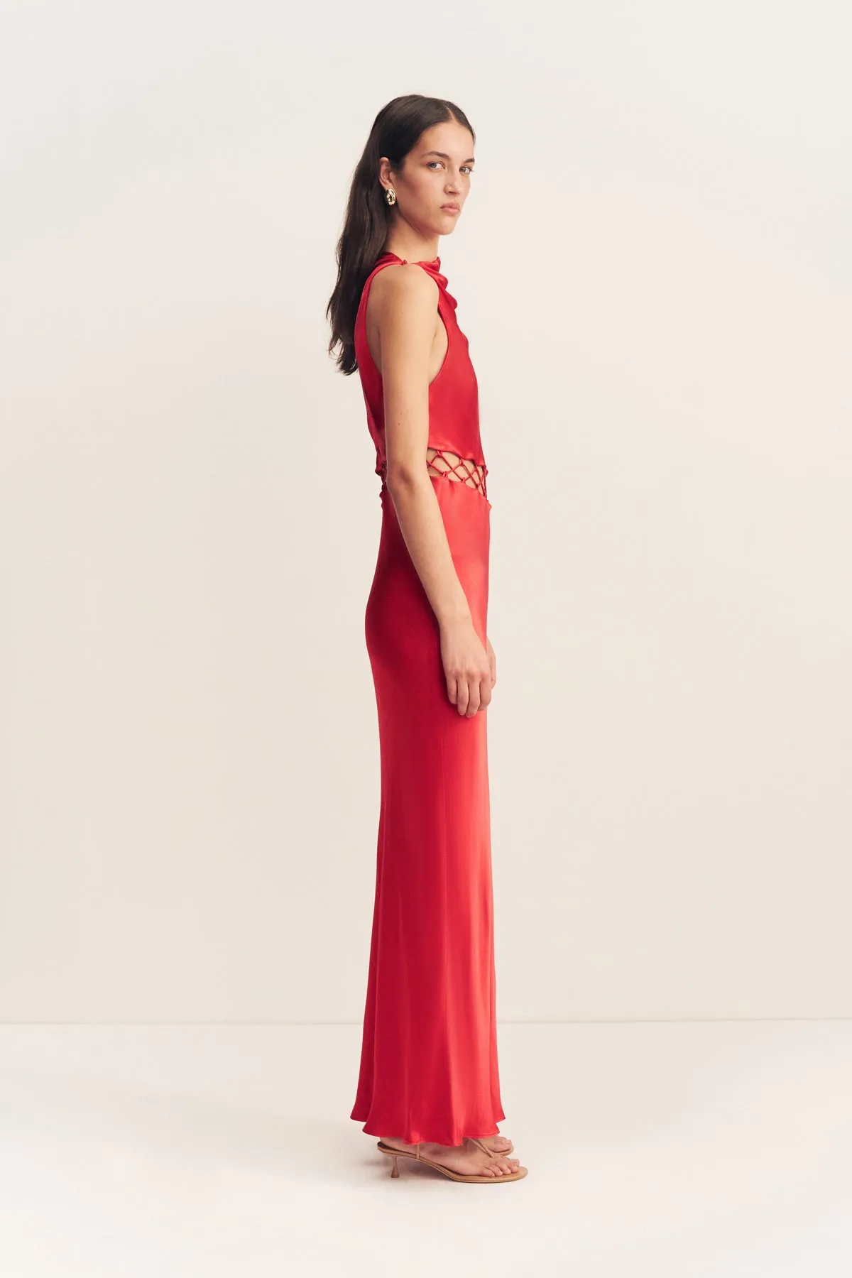 TATUM COWL LACE UP MAXI DRESS - GRENADINE