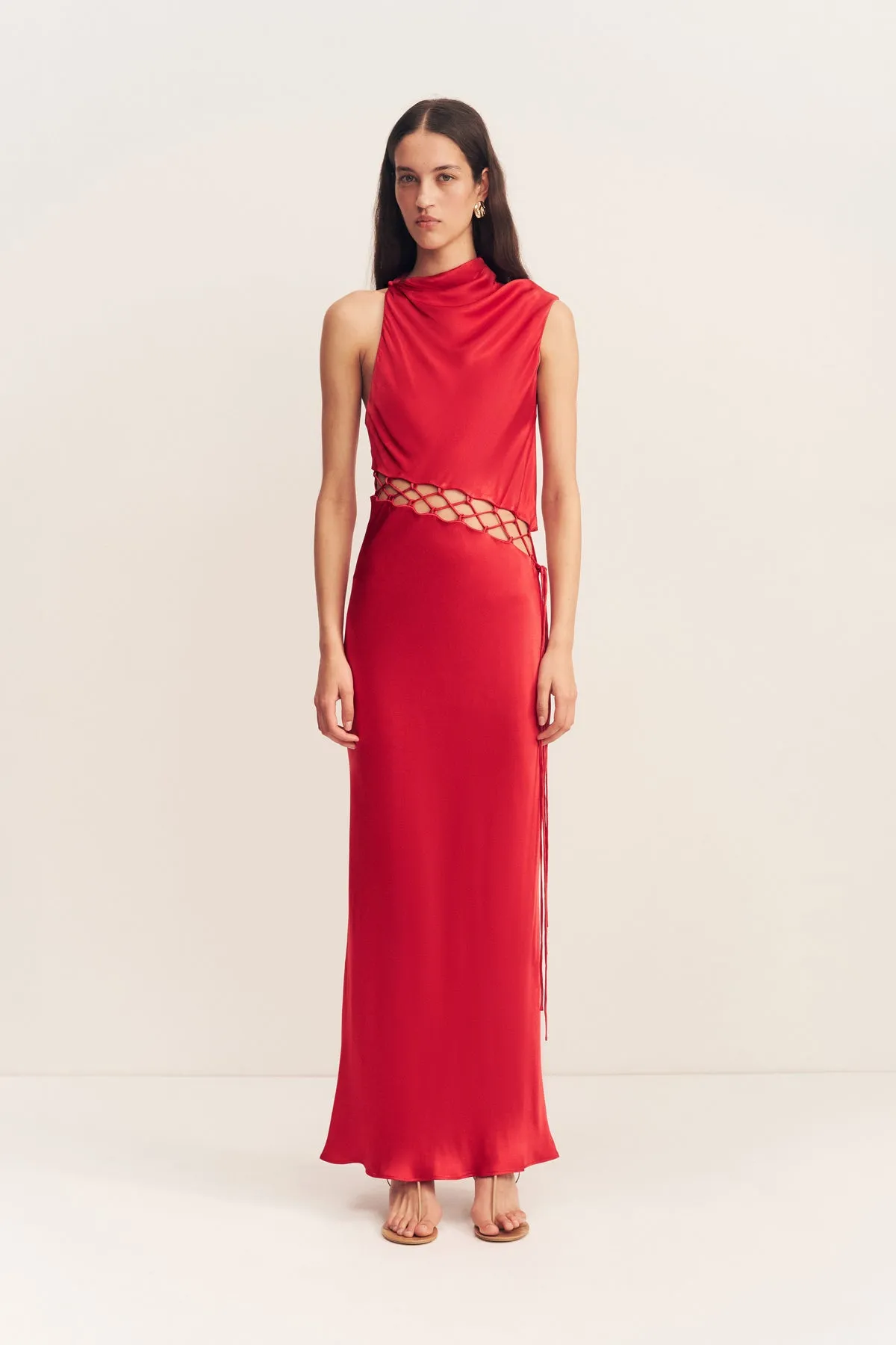 TATUM COWL LACE UP MAXI DRESS - GRENADINE
