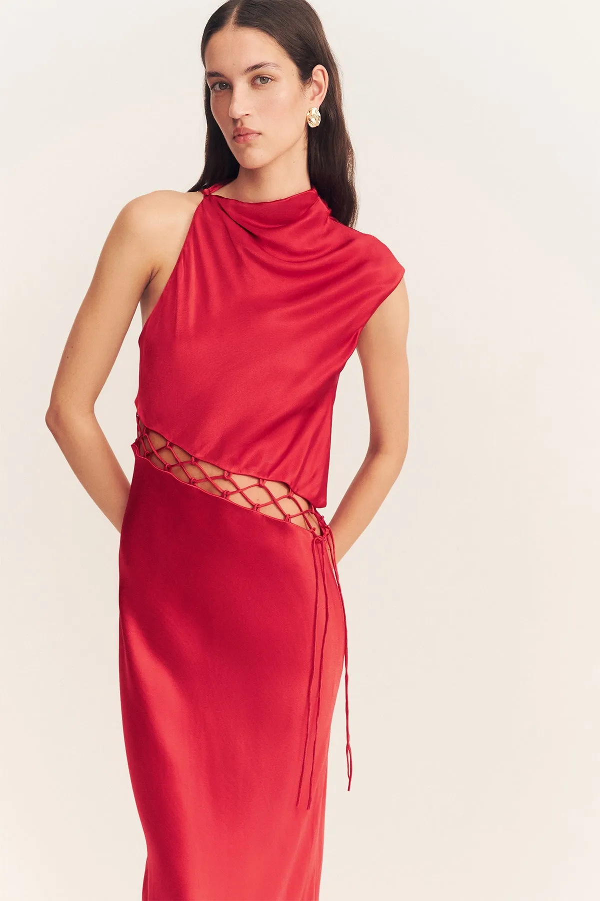 TATUM COWL LACE UP MAXI DRESS - GRENADINE