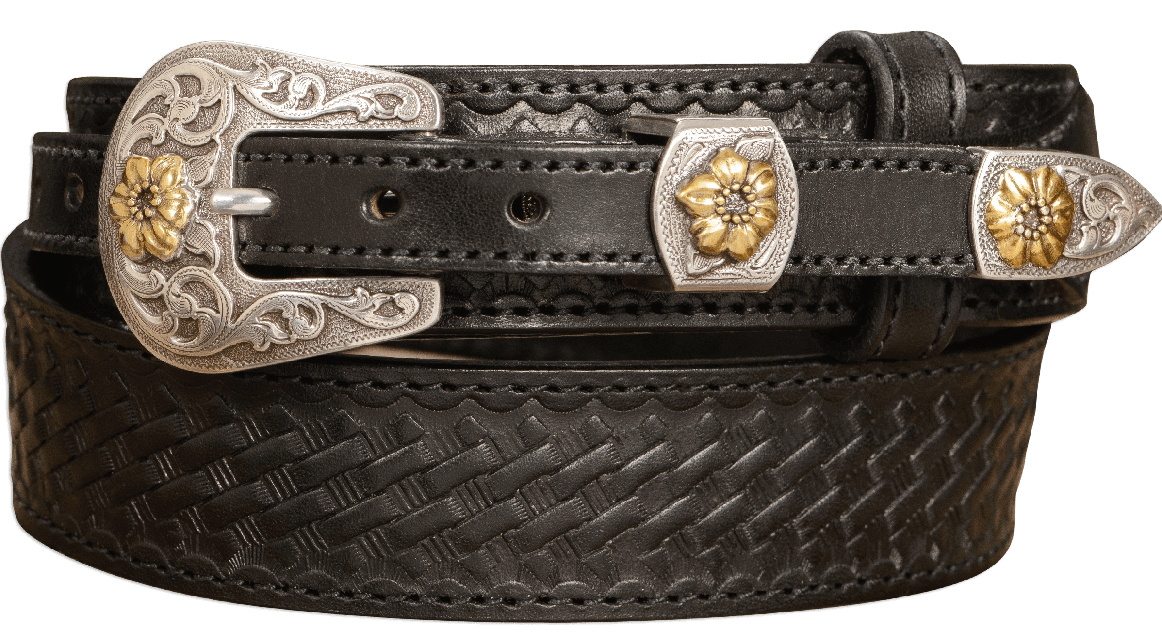 The Texan: Black Stitched Basket Weave Western Ranger 1.50"