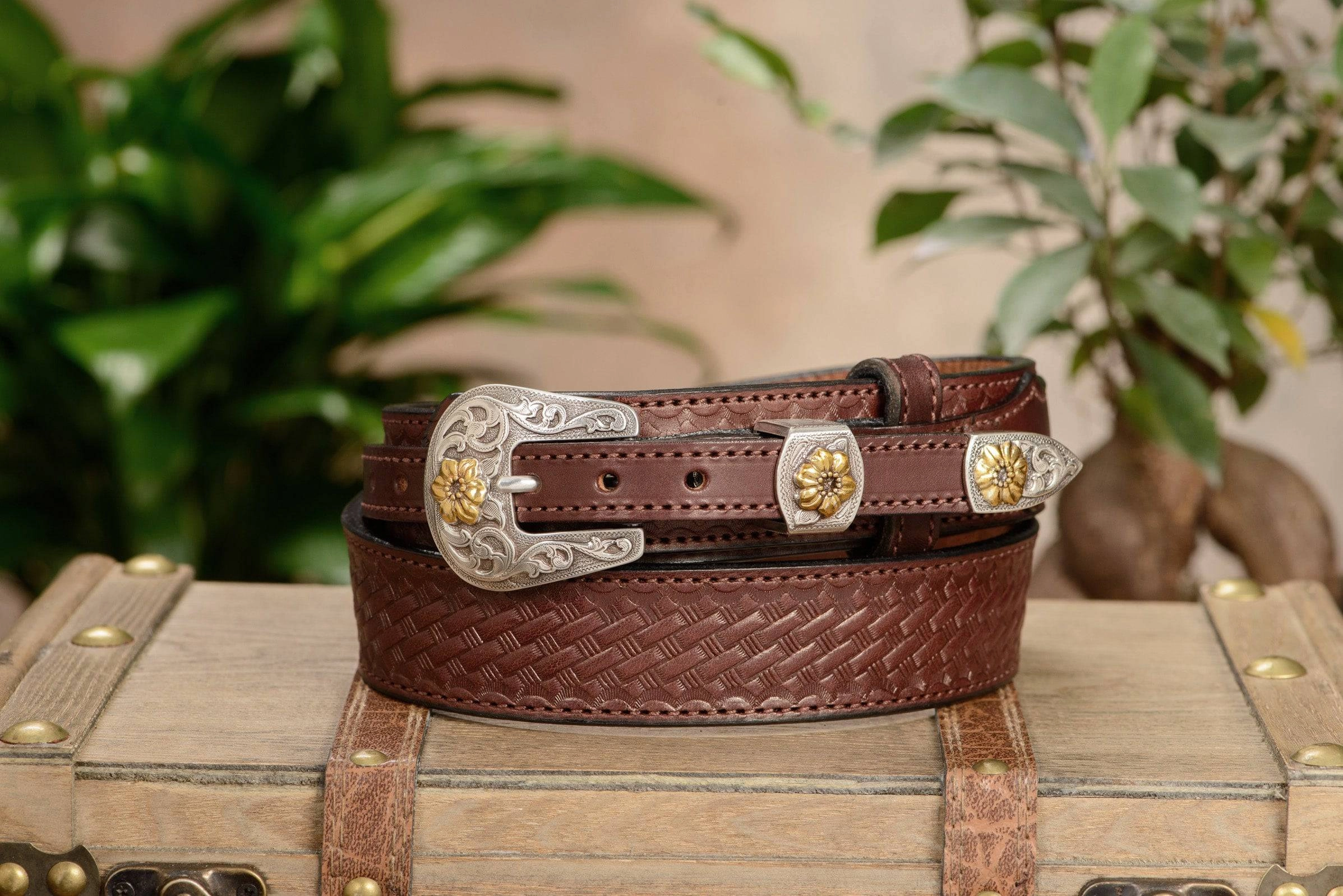 The Texan: Brown Stitched Basket Weave Western Ranger 1.50"