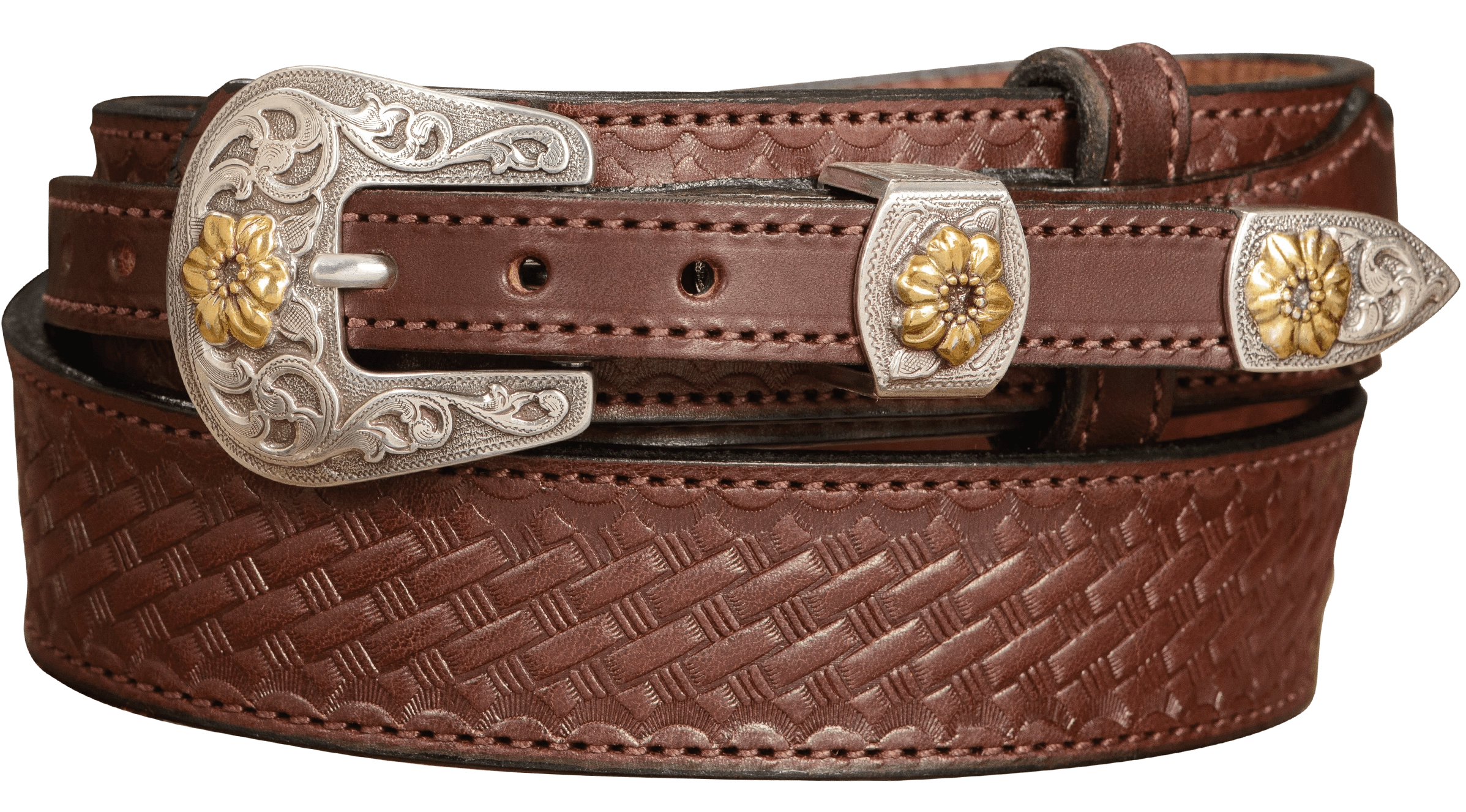 The Texan: Brown Stitched Basket Weave Western Ranger 1.50"