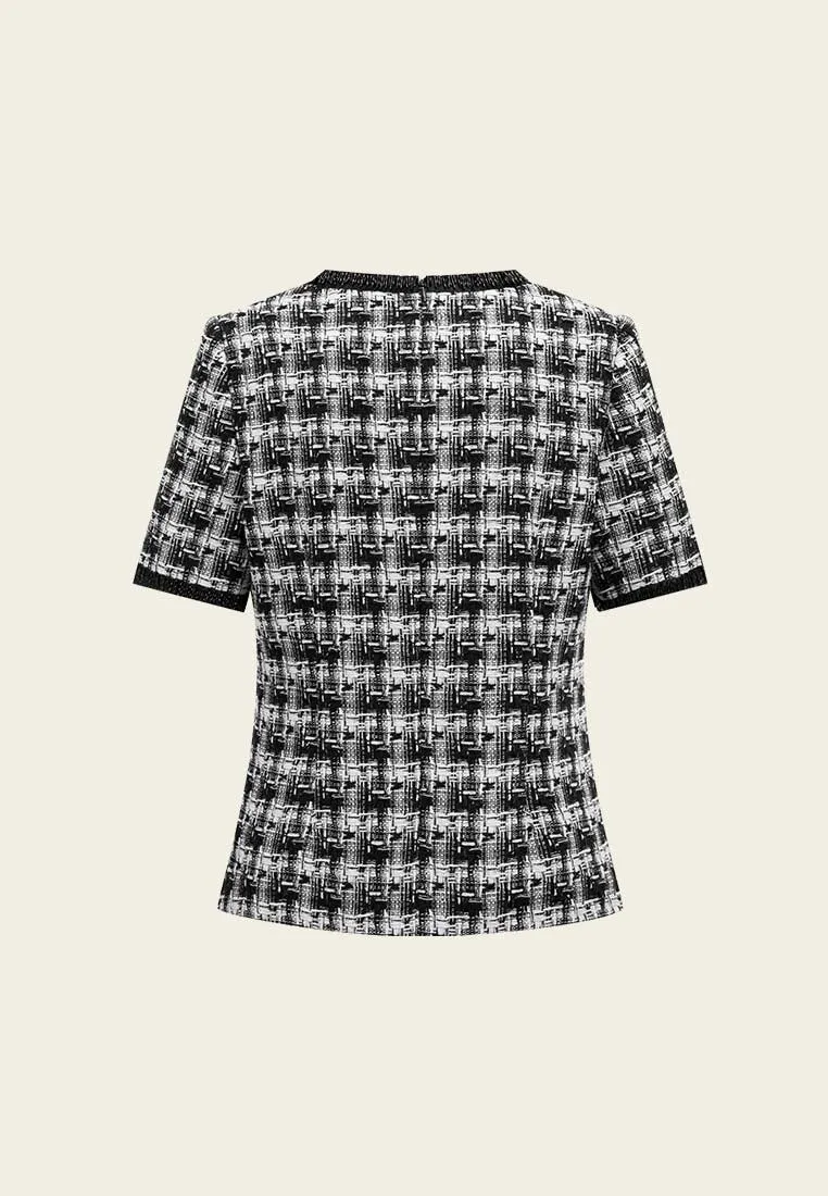 Tweed Plaid Pattern Stand Collar Top