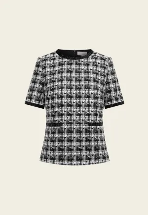 Tweed Plaid Pattern Stand Collar Top
