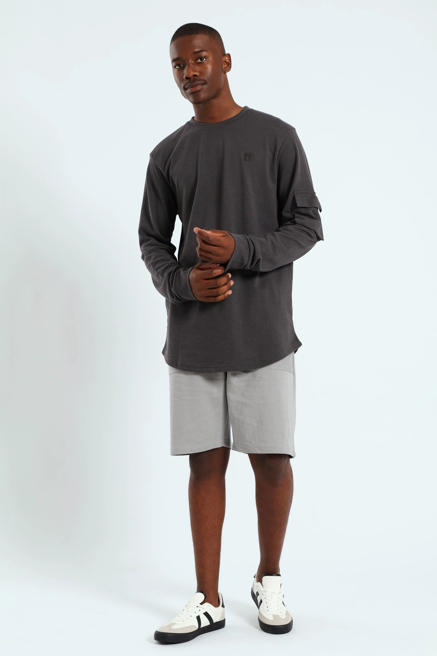 Utility Curved Hem Long Sleeve Tee - Charcoal