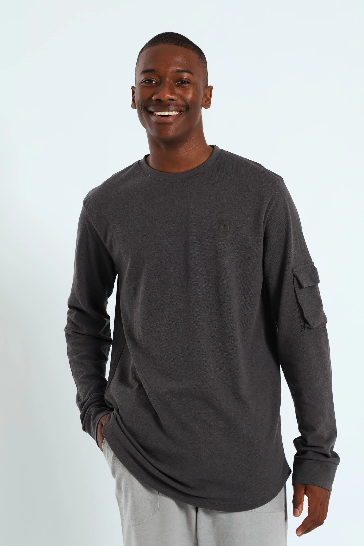 Utility Curved Hem Long Sleeve Tee - Charcoal