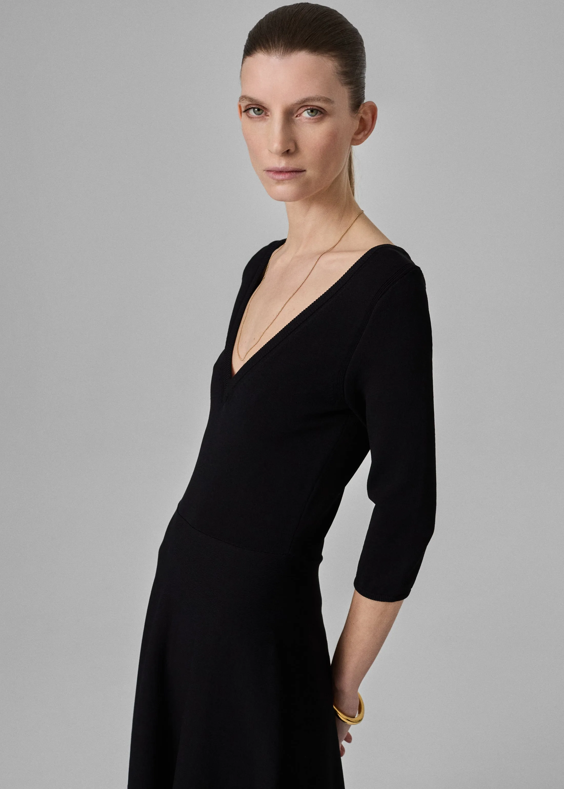 V Neck A-Line Knit Dress  - Black