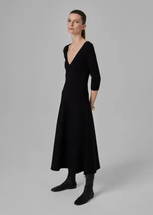 V Neck A-Line Knit Dress  - Black