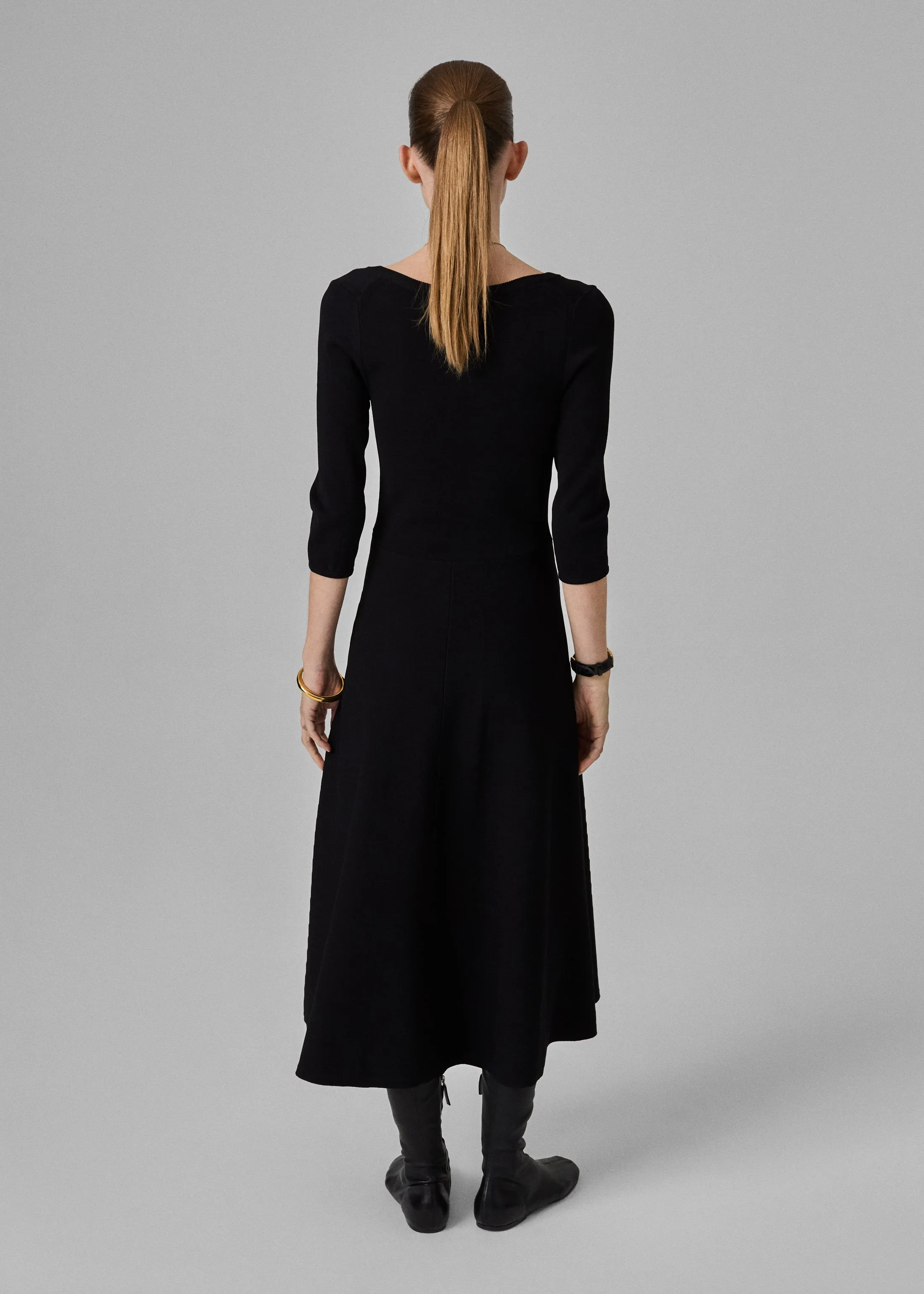 V Neck A-Line Knit Dress  - Black