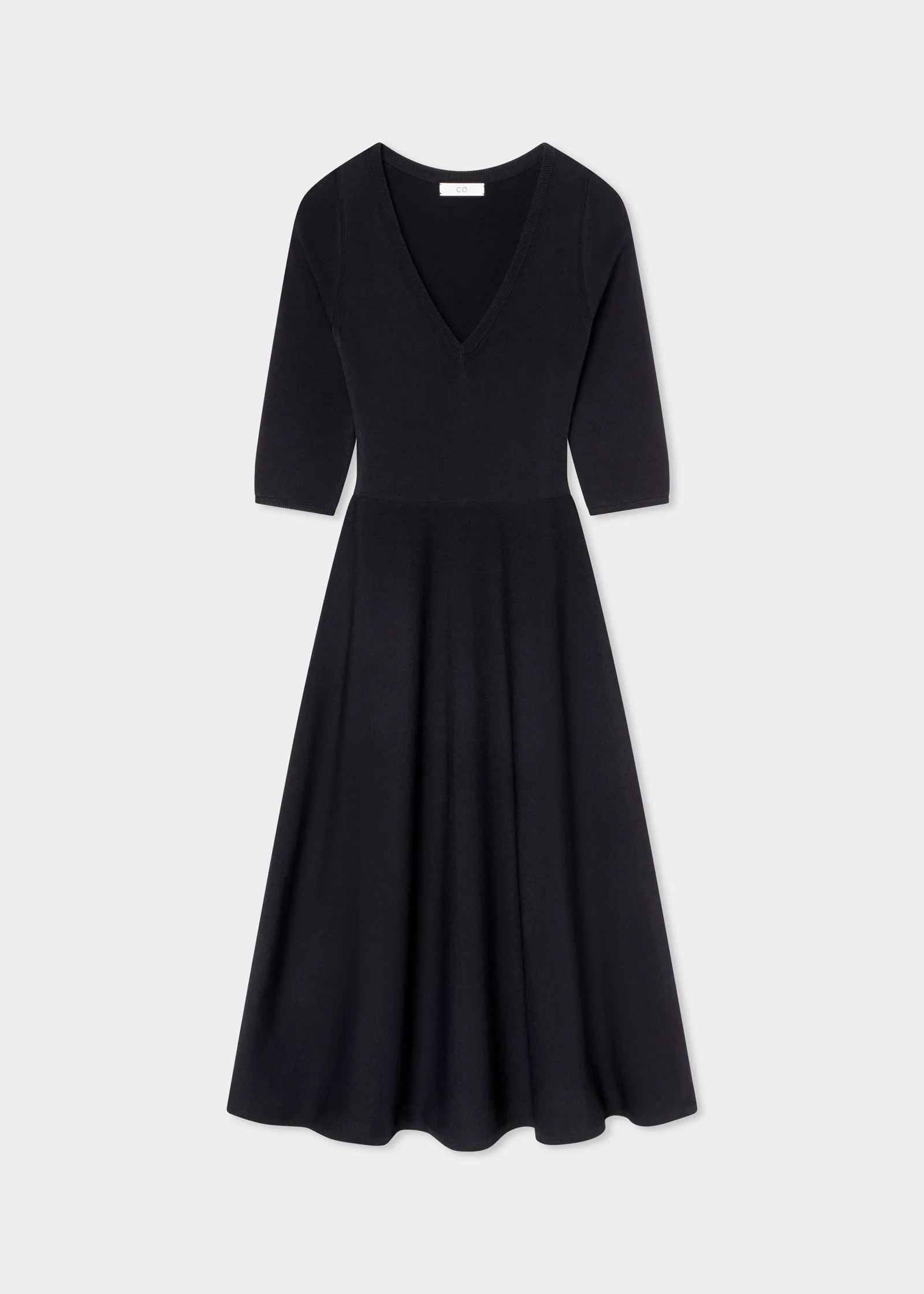 V Neck A-Line Knit Dress  - Black