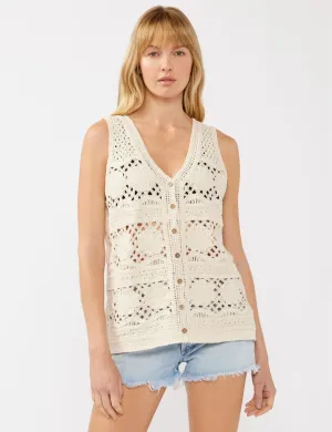 V-Neck Crochet Floral Top, Natural