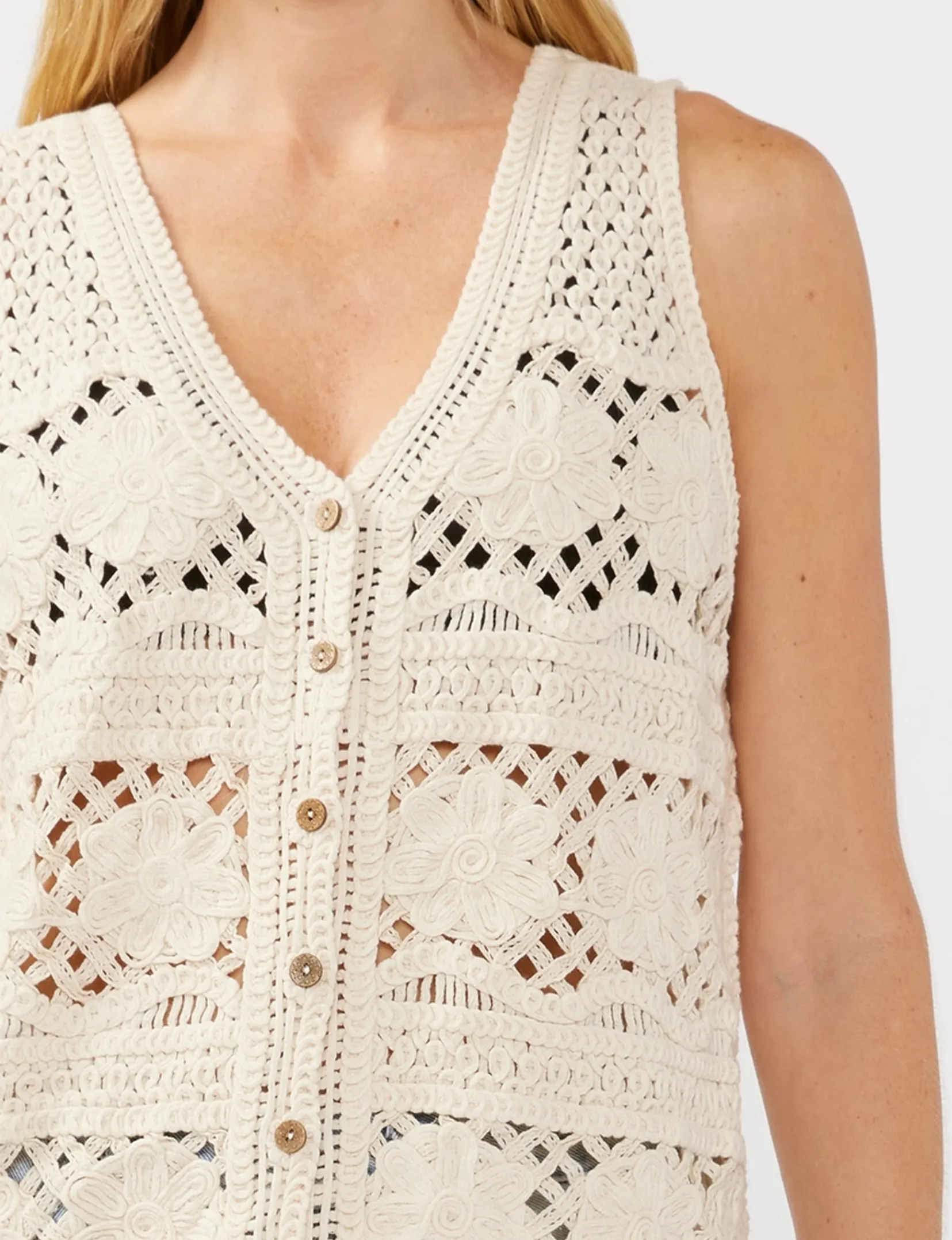 V-Neck Crochet Floral Top, Natural
