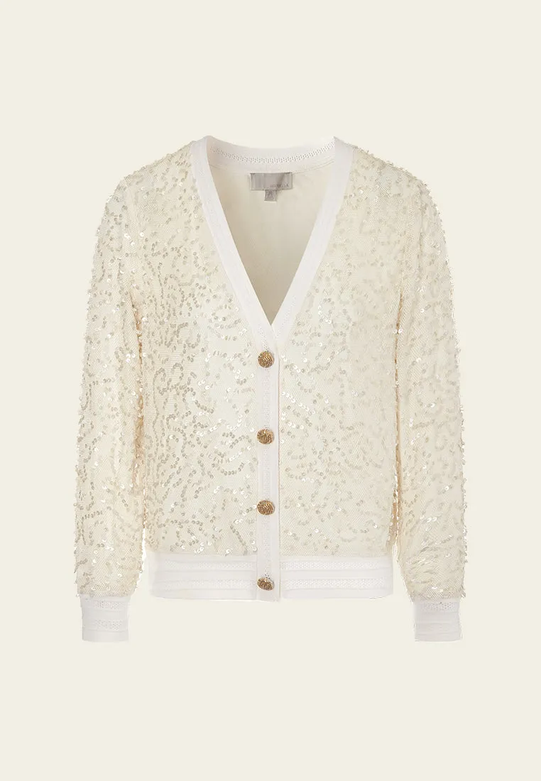 V-neck Ribbed-trim Sequined Cardigan