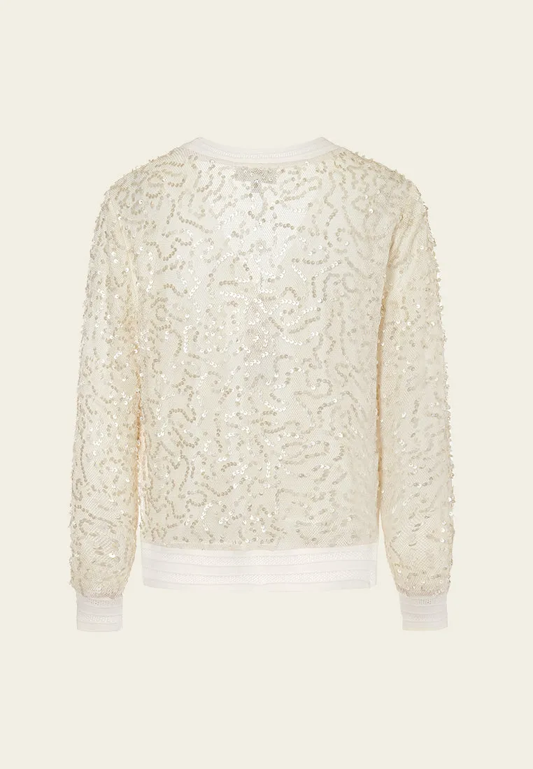 V-neck Ribbed-trim Sequined Cardigan