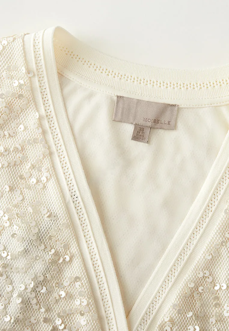 V-neck Ribbed-trim Sequined Cardigan