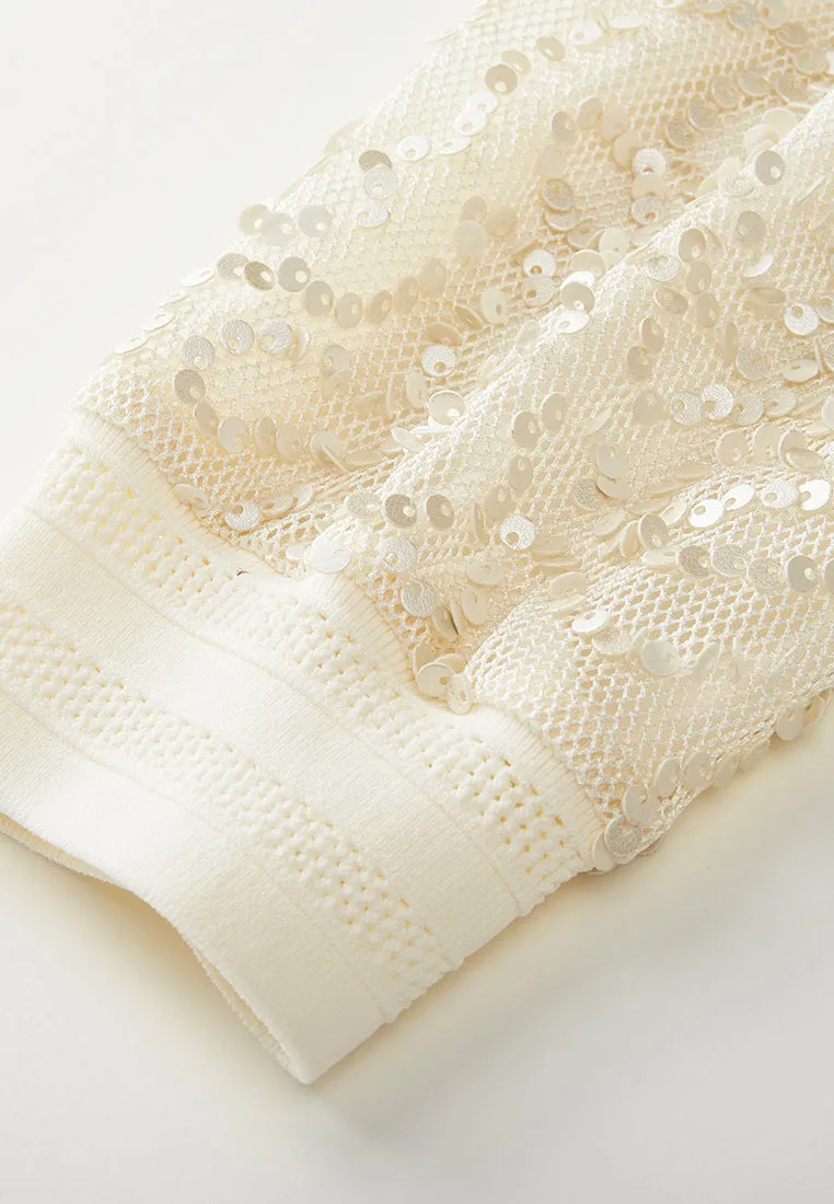 V-neck Ribbed-trim Sequined Cardigan