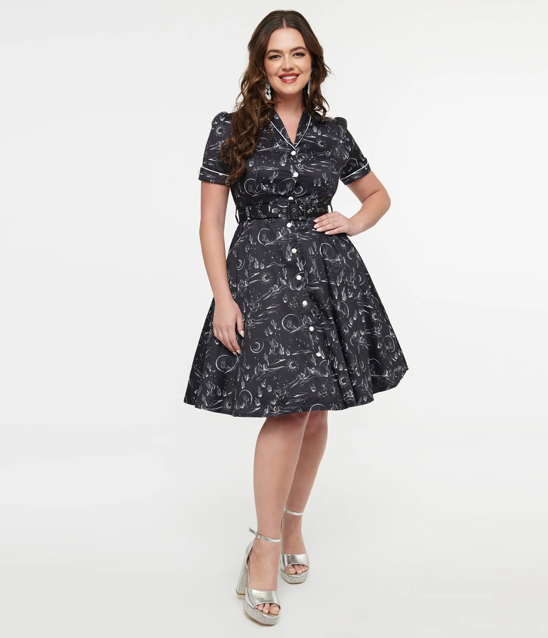 Voodoo Vixen 1950s Black & White Midnight Western Fit & Flare Dress