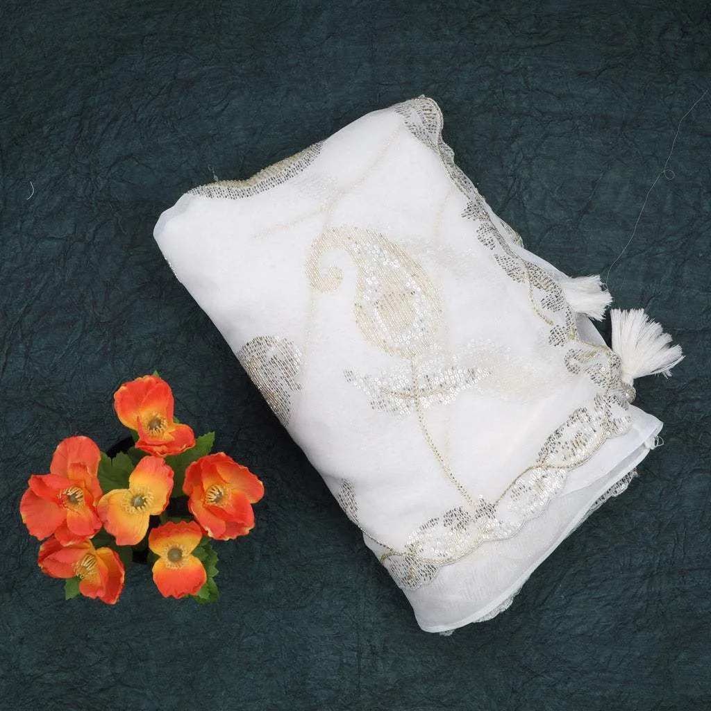 White Georgette Saree With Embroidery